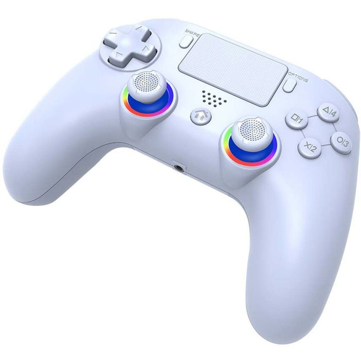 Ein weißer Wireless-Controller mit bunten LEDs an den analogen Sticks auf weißem Hintergrund.