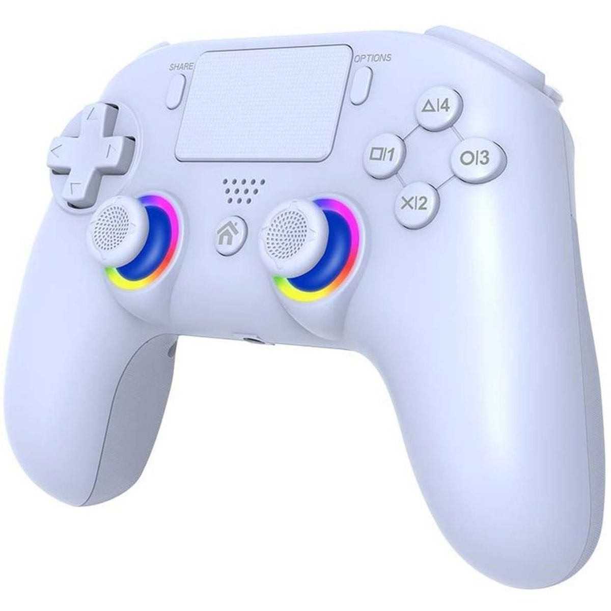 Weißer kabelloser Gaming-Controller mit bunten RGB-Lichtern um die analogen Joysticks und Standardtasten.