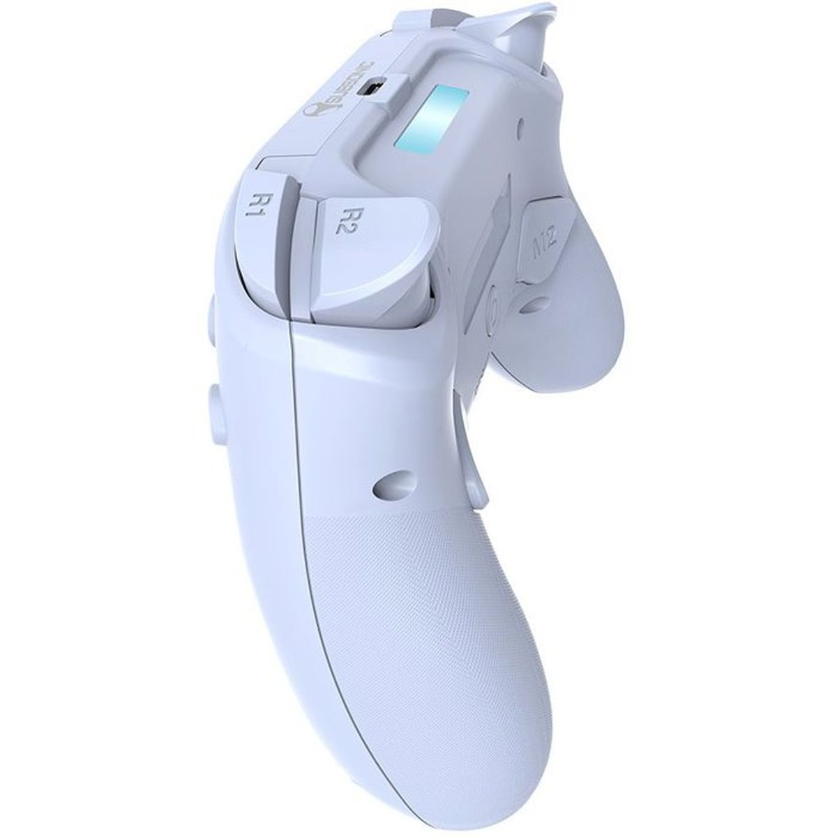 Ein weißer Controller von der Seite mit R1- und R2-Tasten und strukturiertem Griff.