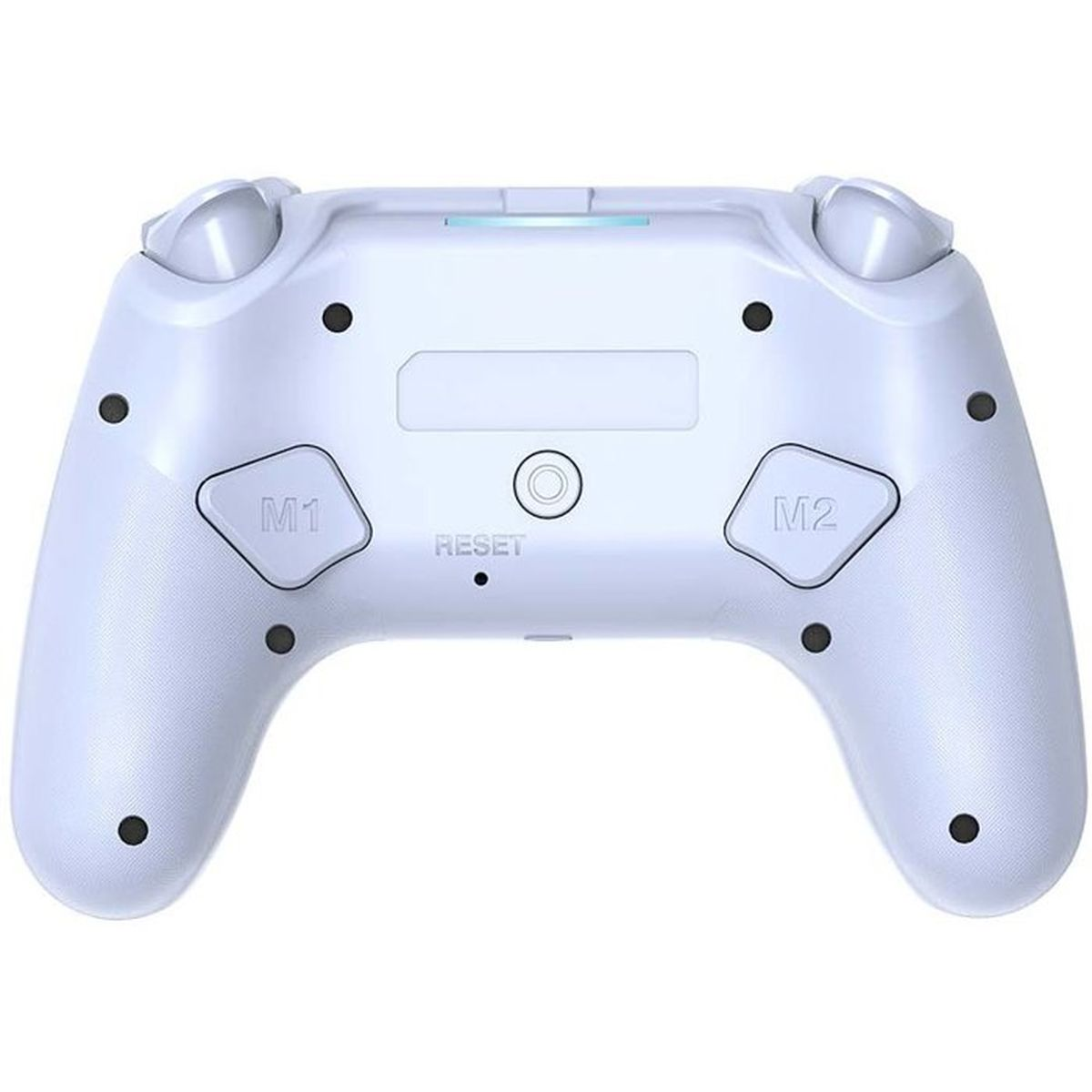 Rückseite eines weißen Gamecontrollers mit zwei programmierbaren Tasten M1 und M2 sowie Schrauben.