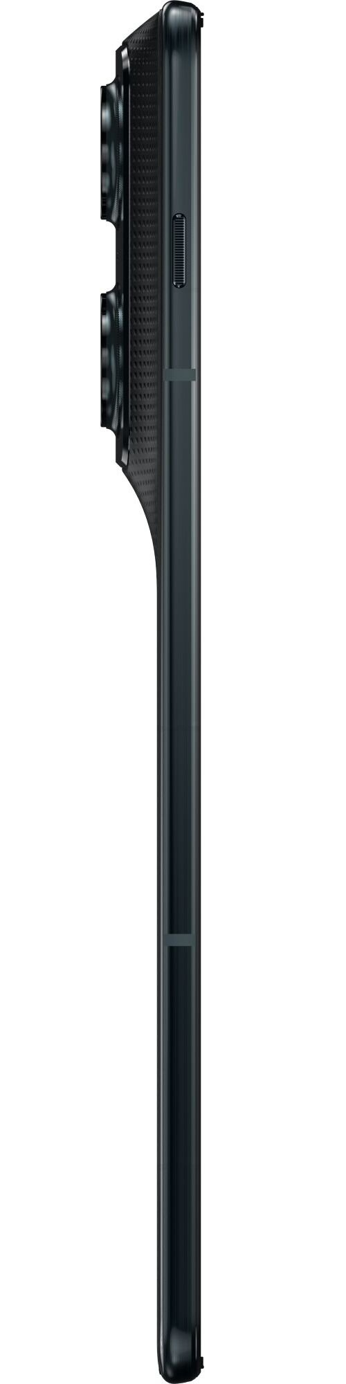 Seitenansicht eines schlanken, schwarzen Smartphones mit einer auffälligen, strukturierten Kameraerhöhung oben.