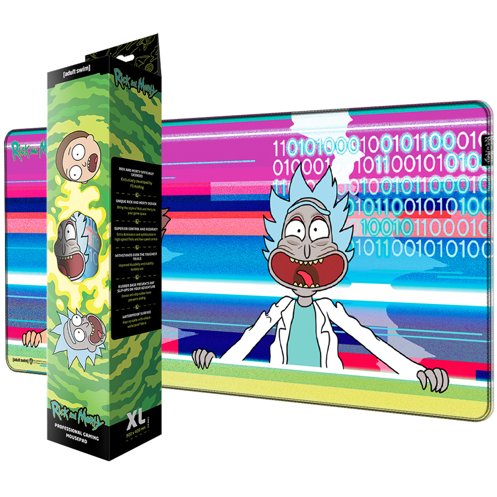 Rick und Morty Gaming-Mauspad und Verpackung mit bunten Binärcodes.