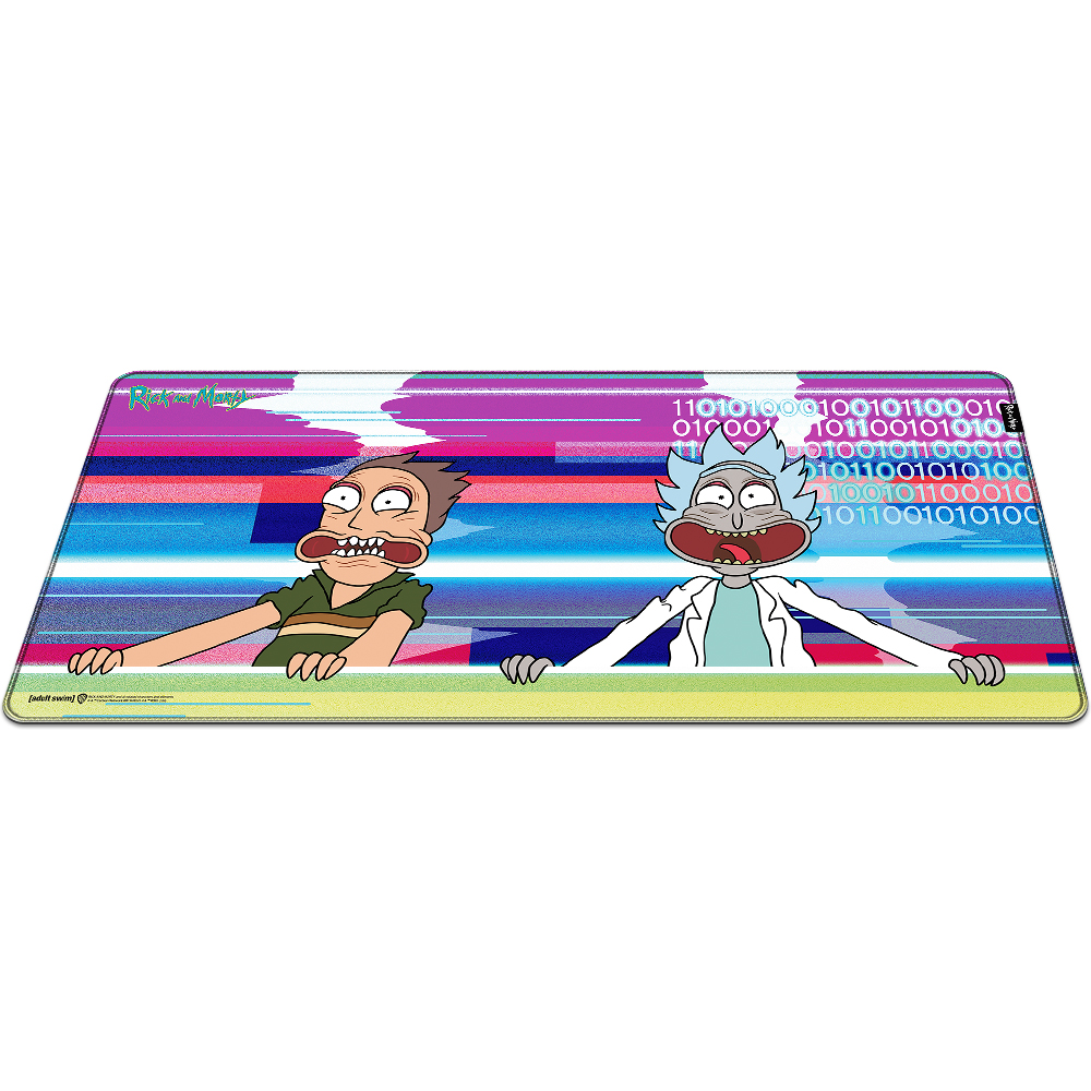 Rick und Morty blicken mit offenen Mündern entsetzt auf einen farbigen Hintergrund mit Binärcode.