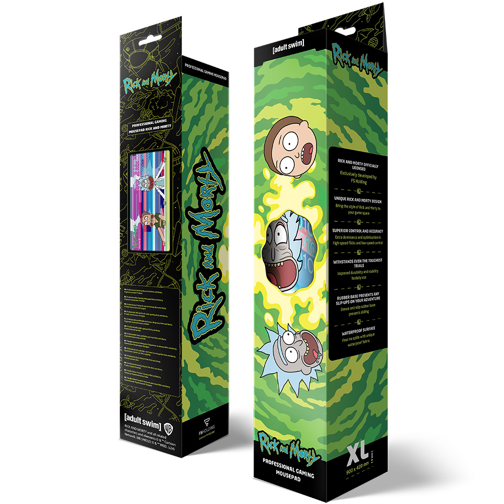 Zwei Rick and Morty Gaming-Mauspad Verpackungen mit grünem Portal-Design und Charakteren.