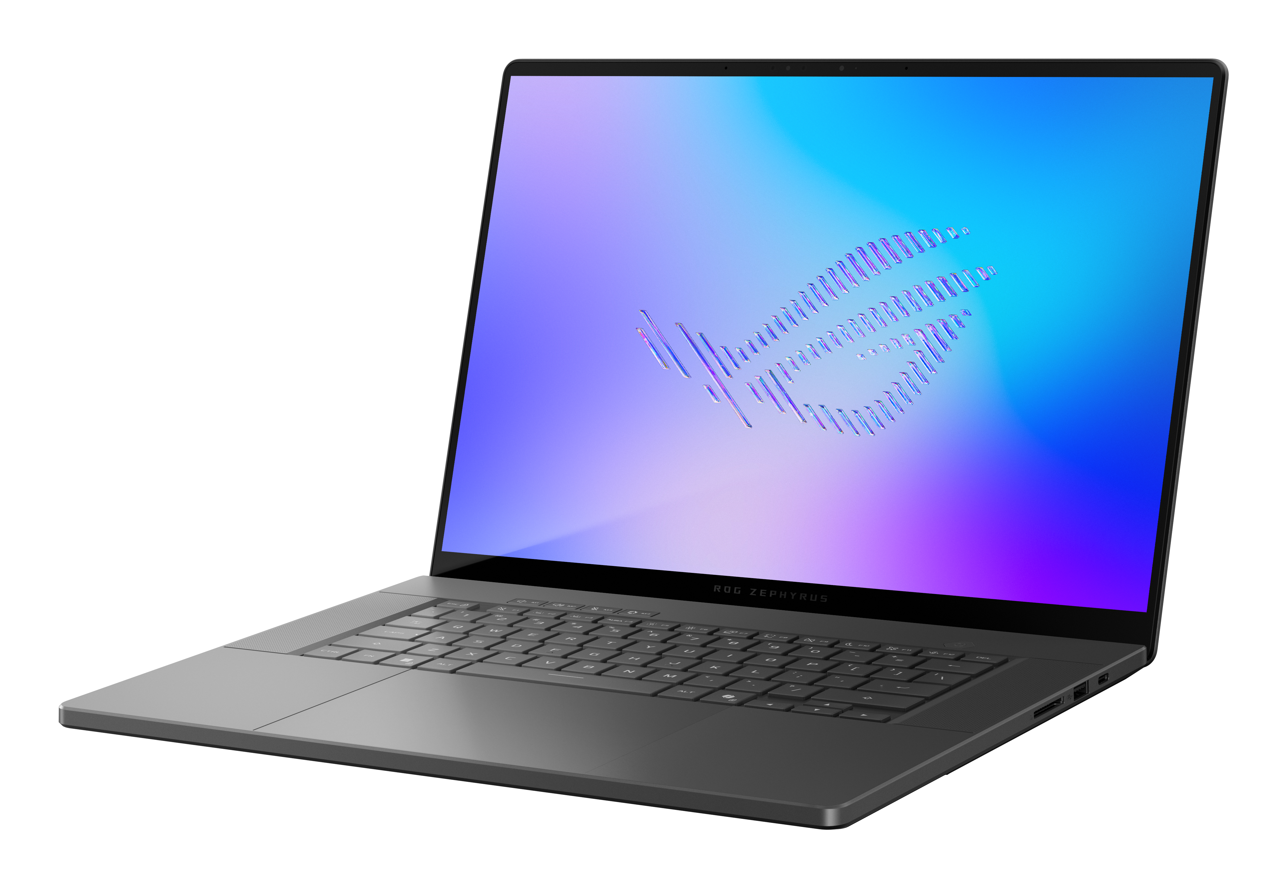 Ein grauer ROG Zephyrus Laptop mit blau-violettem Hintergrundbild auf dem Bildschirm.