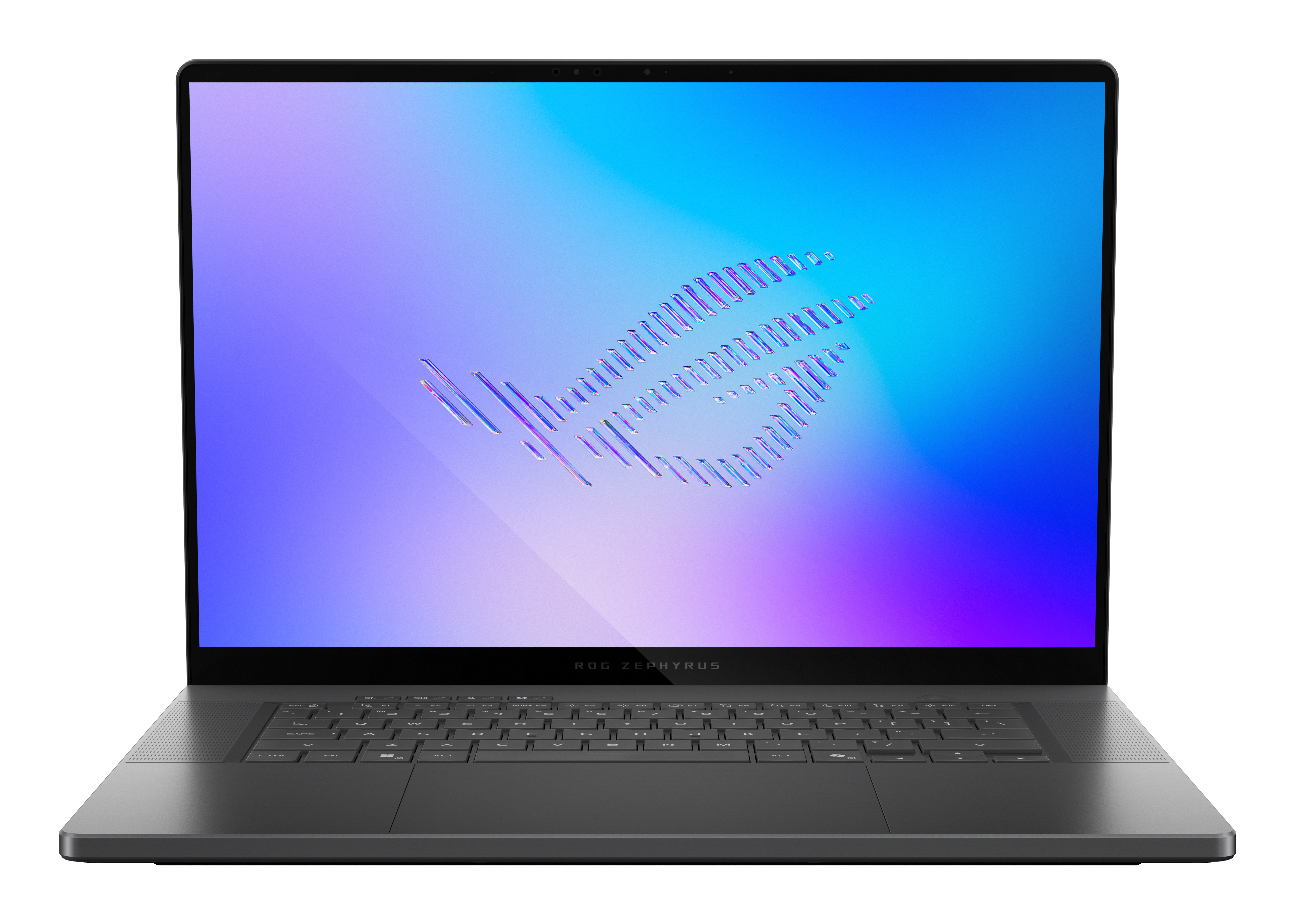 Ein offener, dunkler Laptop mit blau-violettem Bildschirm und ROG Zephyrus Logo.