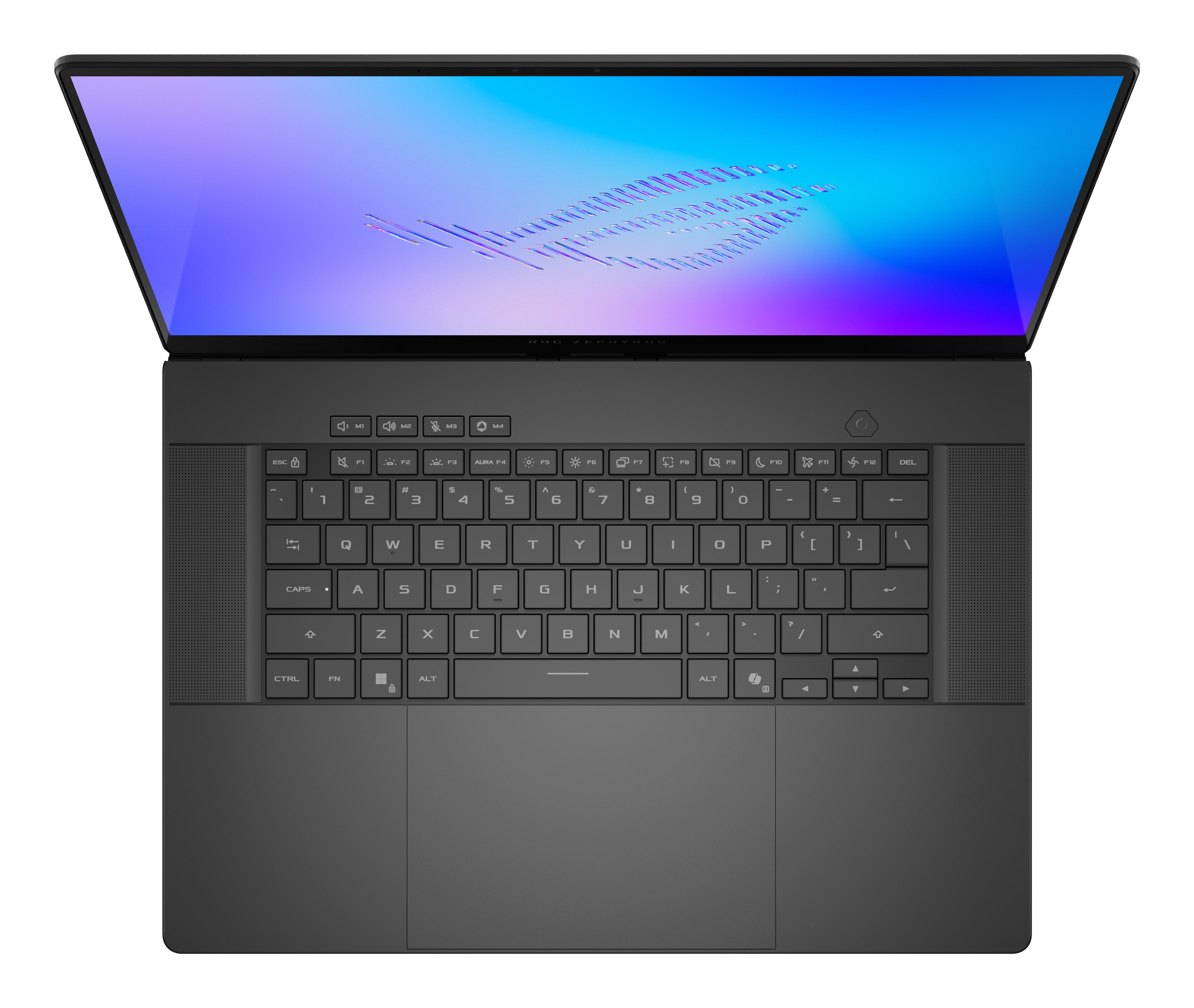 Ein schwarzer Laptop von oben mit beleuchtetem Bildschirm und einer Tastatur.