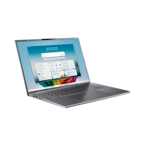 Un ordinateur portable gris sur fond blanc affiche un écran de bureau coloré.