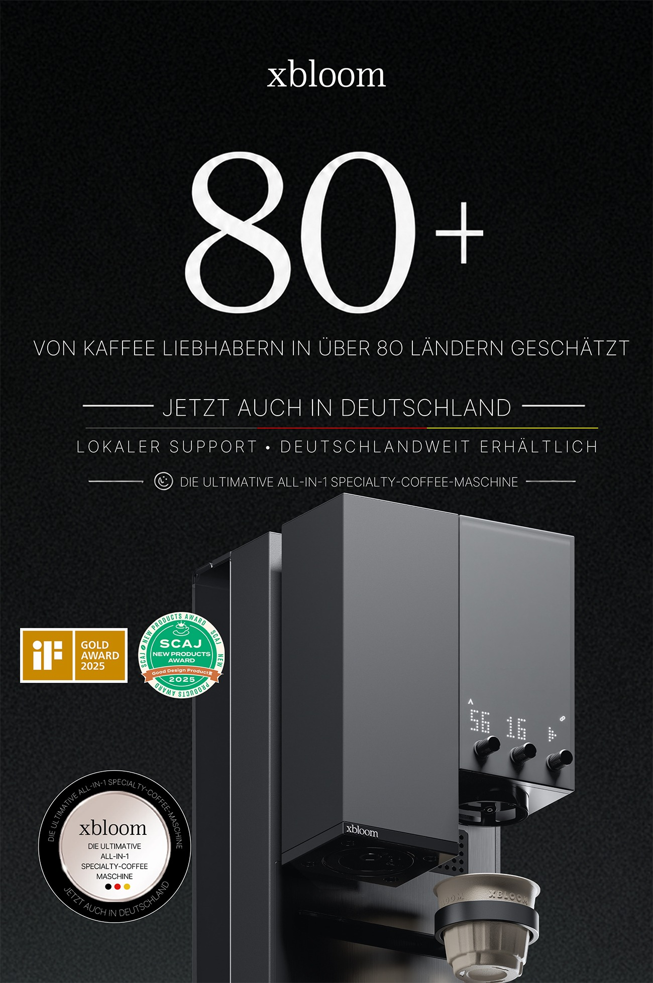 Schwarzes Plakat mit xBloom Kaffeemaschine und Text auf Deutsch.