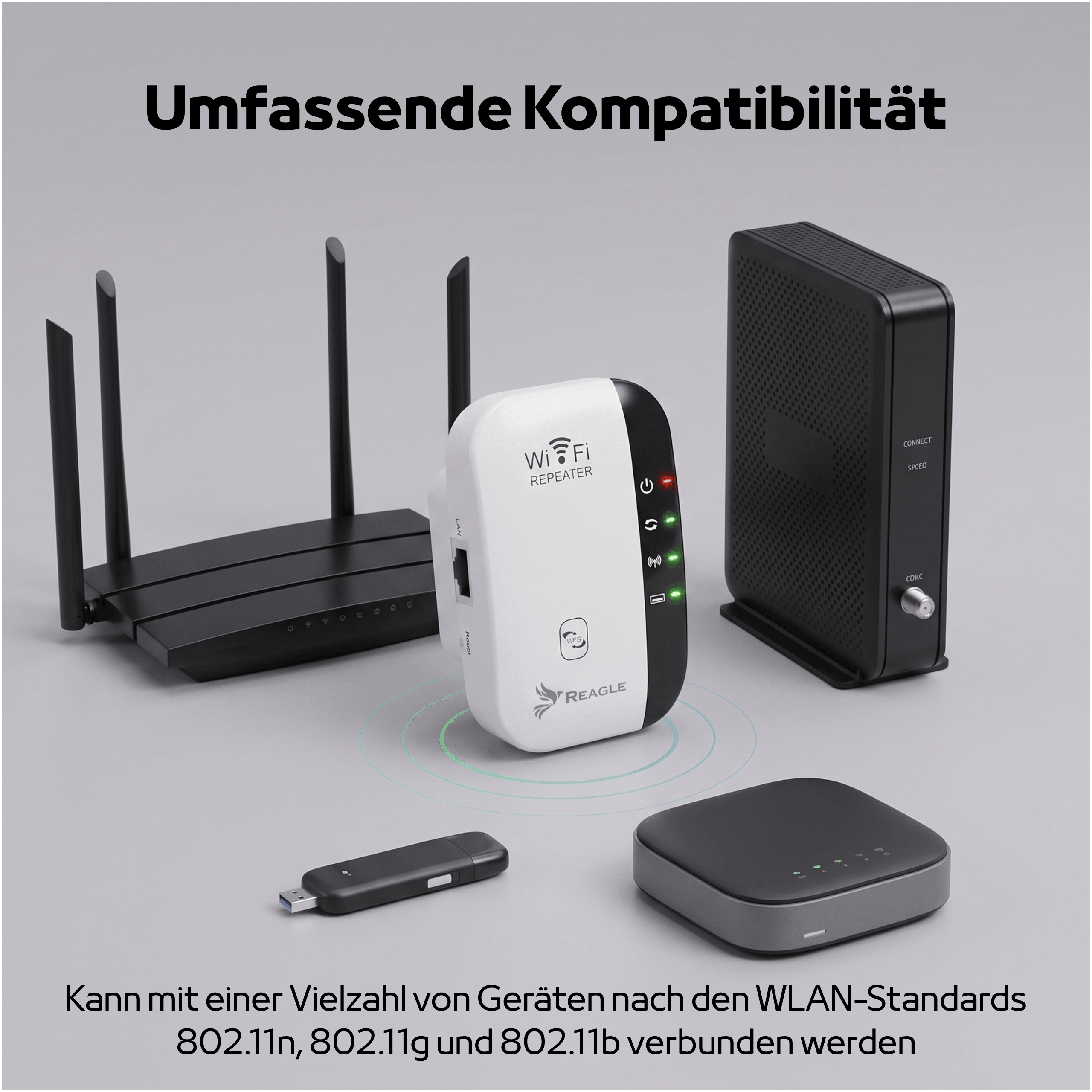 Un ripetitore Wi-Fi bianco si trova al centro tra vari router, antenne e adattatori su sfondo grigio.