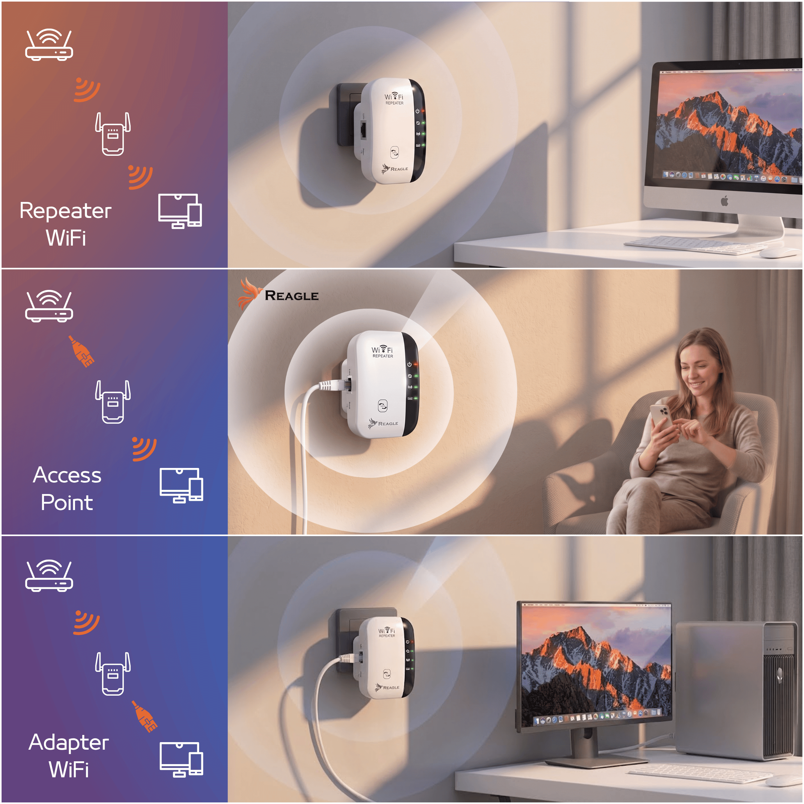 Tre pannelli mostrano un ripetitore Wi-Fi Reagle in modalità ripetitore, punto di accesso e adattatore.