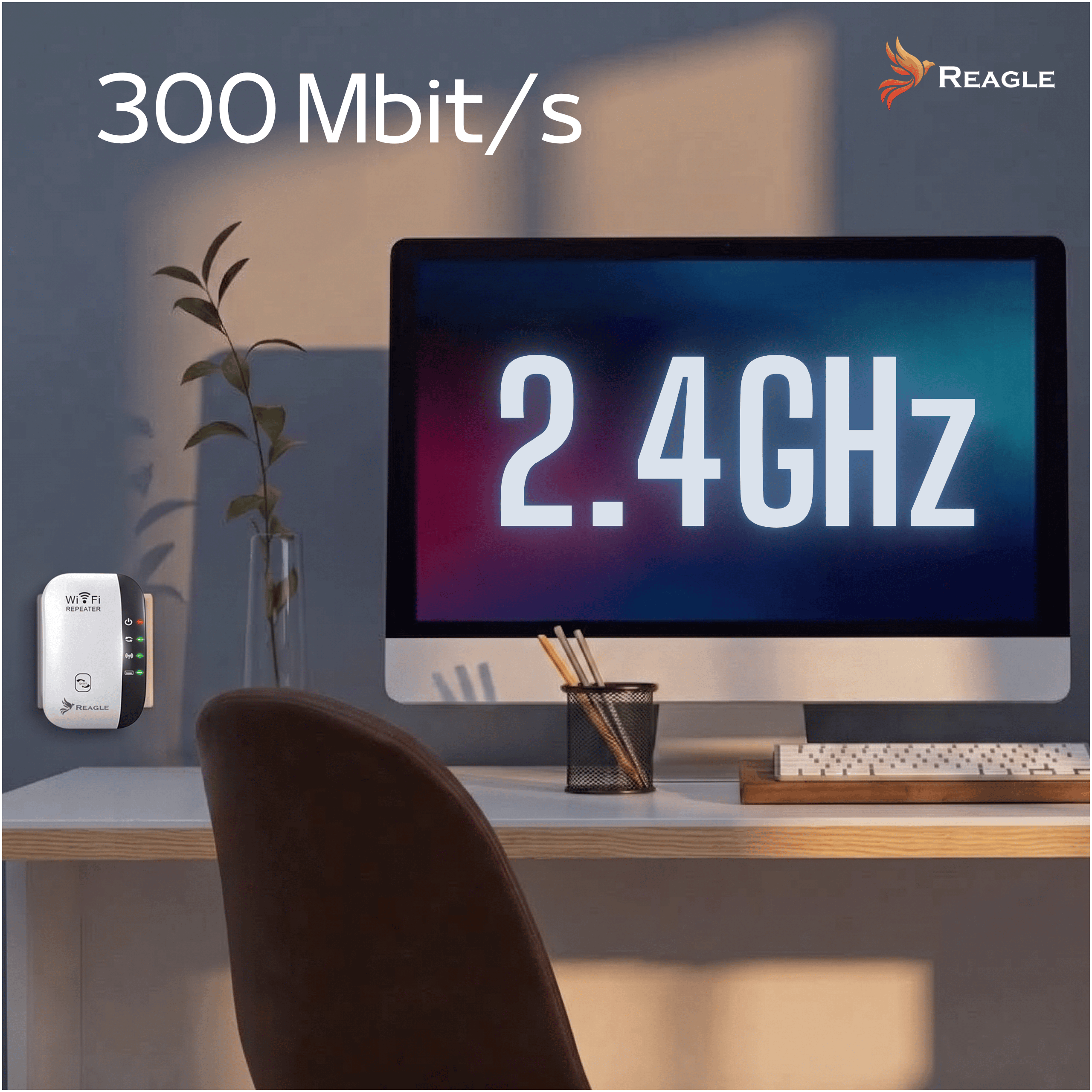 Una scrivania con monitor che mostra 2.4 GHz, un ripetitore Wi-Fi a parete e la scritta 300 Mbit/s.