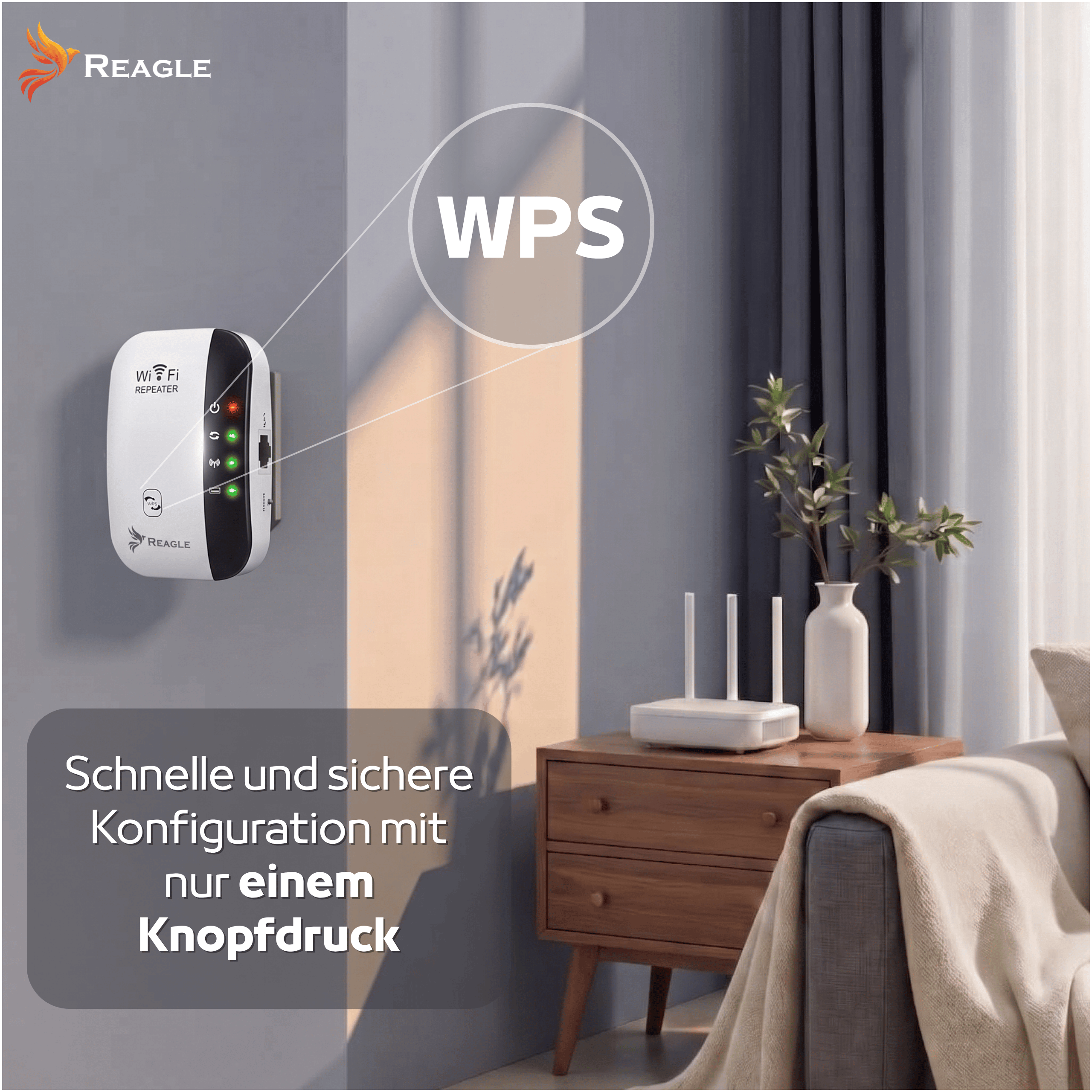 Ripetitore Wi-Fi bianco a parete con testo WPS e router su comodino.
