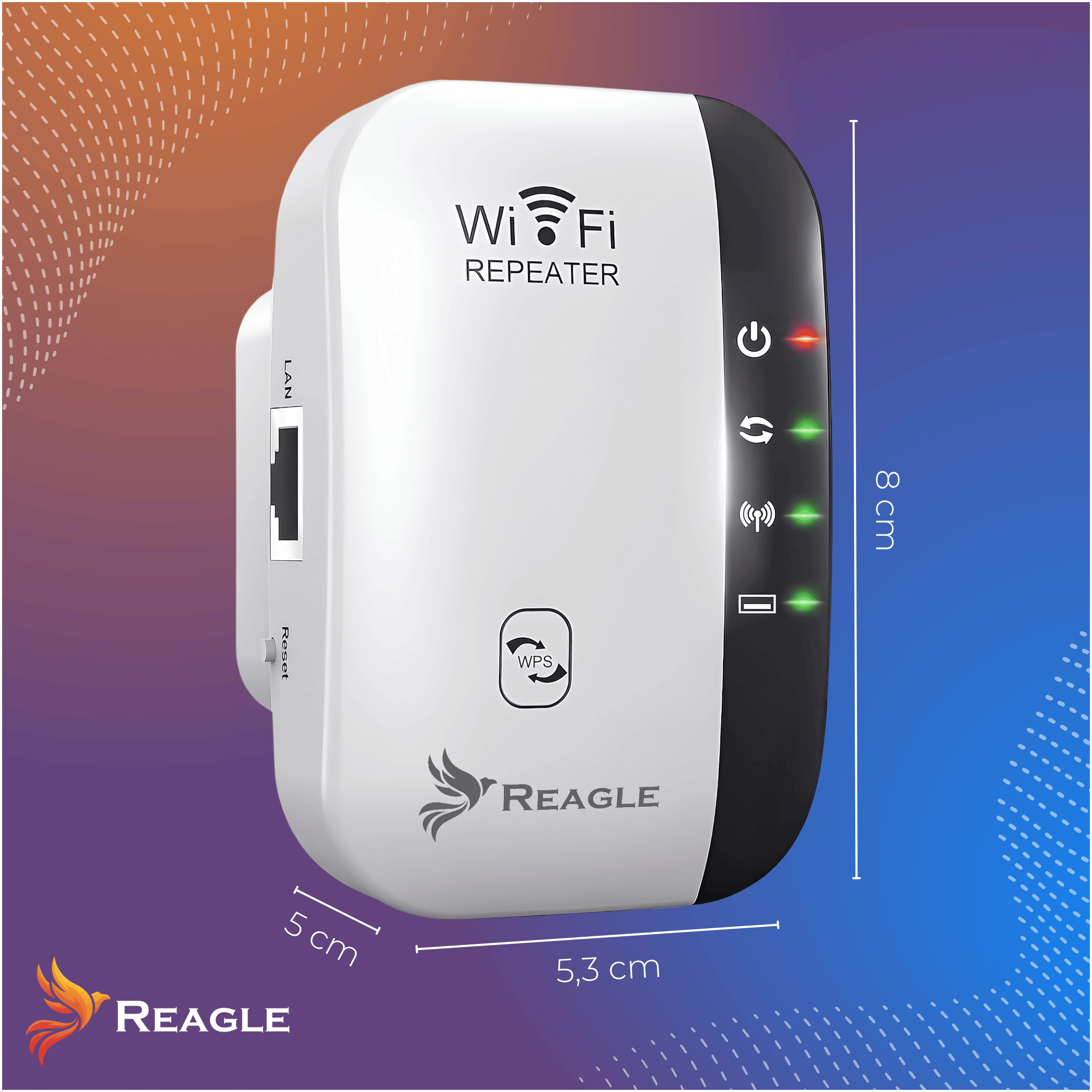Ripetitore WiFi Reagle bianco da 8x5,3x5 cm con spie LED su sfondo blu e arancione.