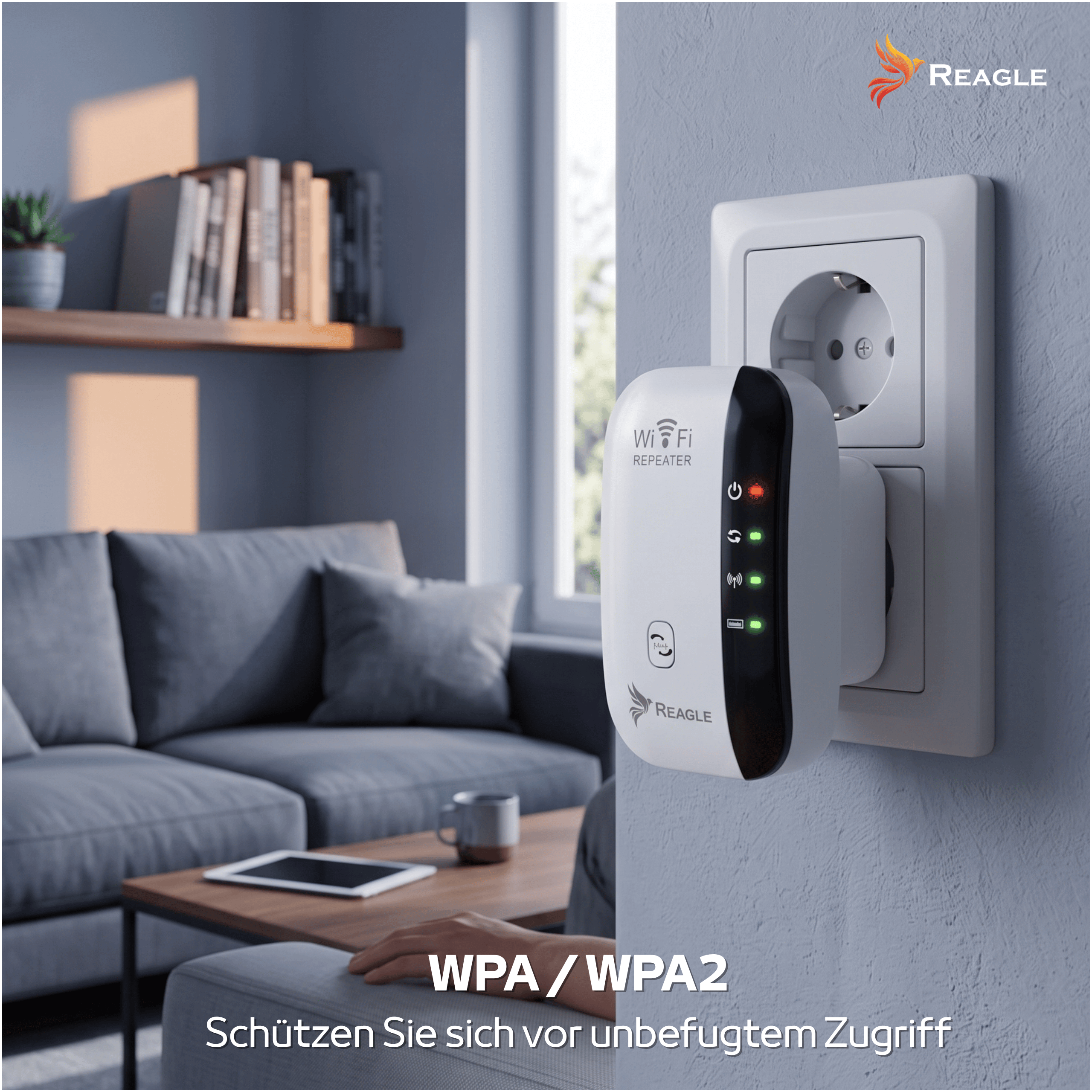 Un ripetitore Wi-Fi Reagle collegato a una presa a muro, con soggiorno e divano sullo sfondo.