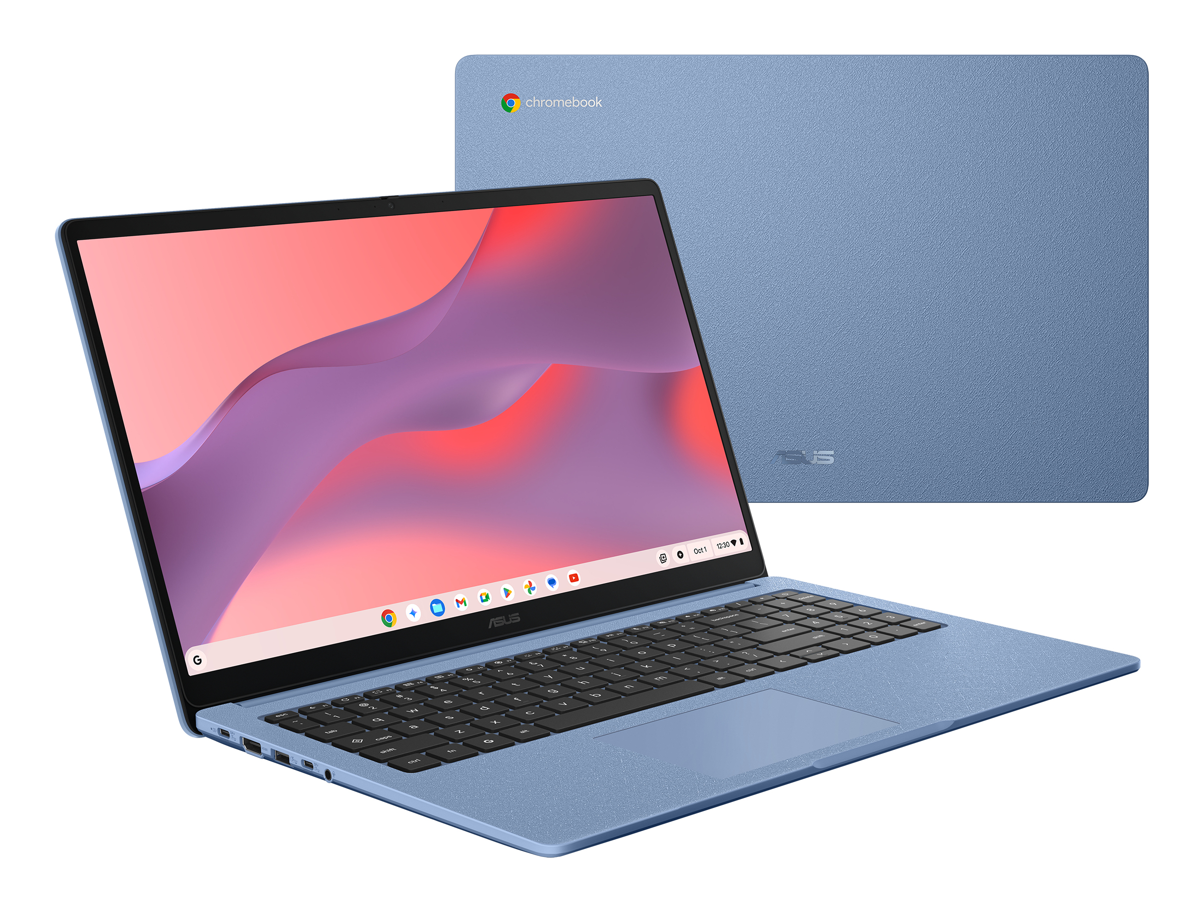 Niebieski laptop ASUS Chromebook z abstrakcyjną tapetą na ekranie i zamkniętą pokrywą w tle.
