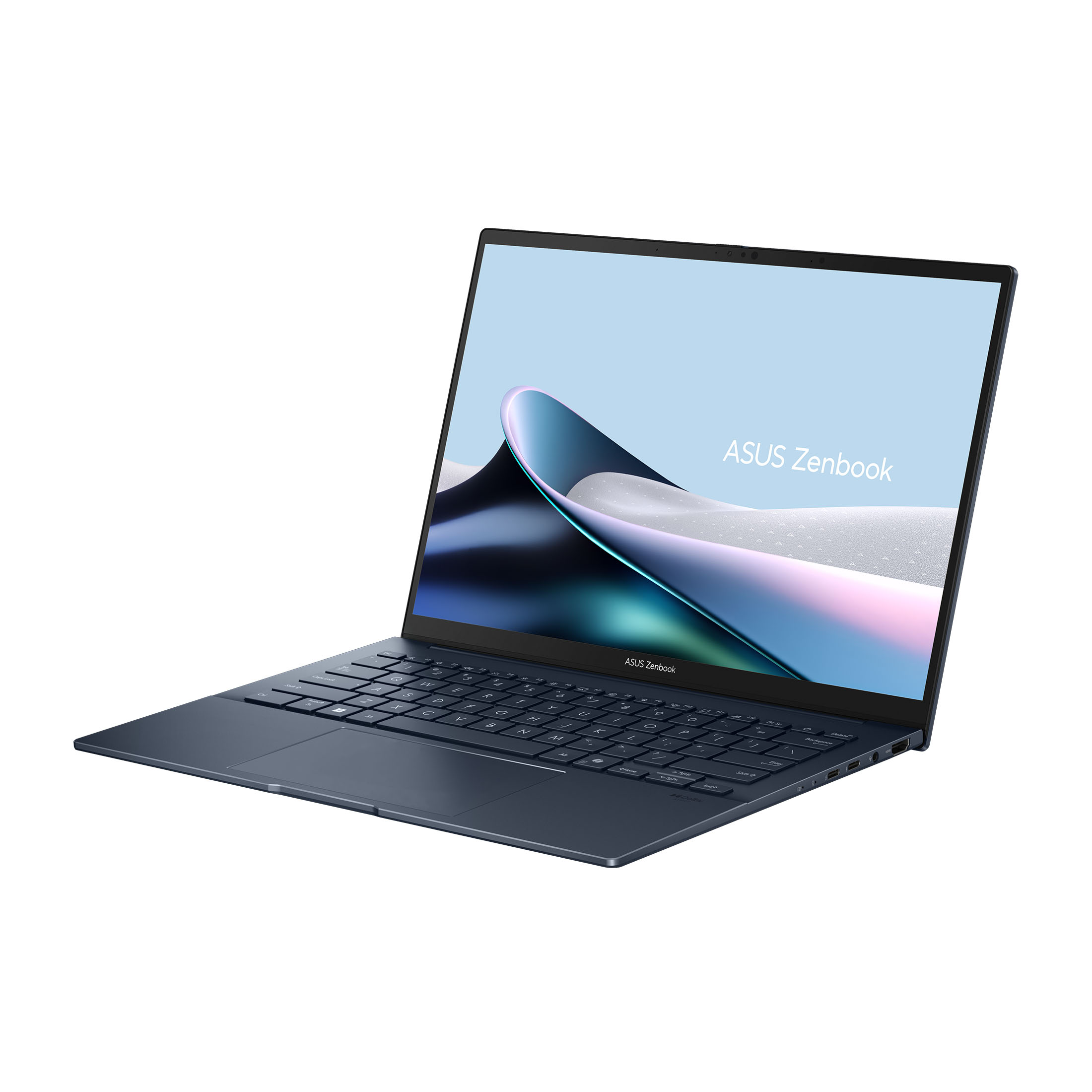 Ein blauer ASUS Zenbook Laptop steht offen auf weißem Hintergrund mit einem abstrakten Bildschirmhintergrund.
