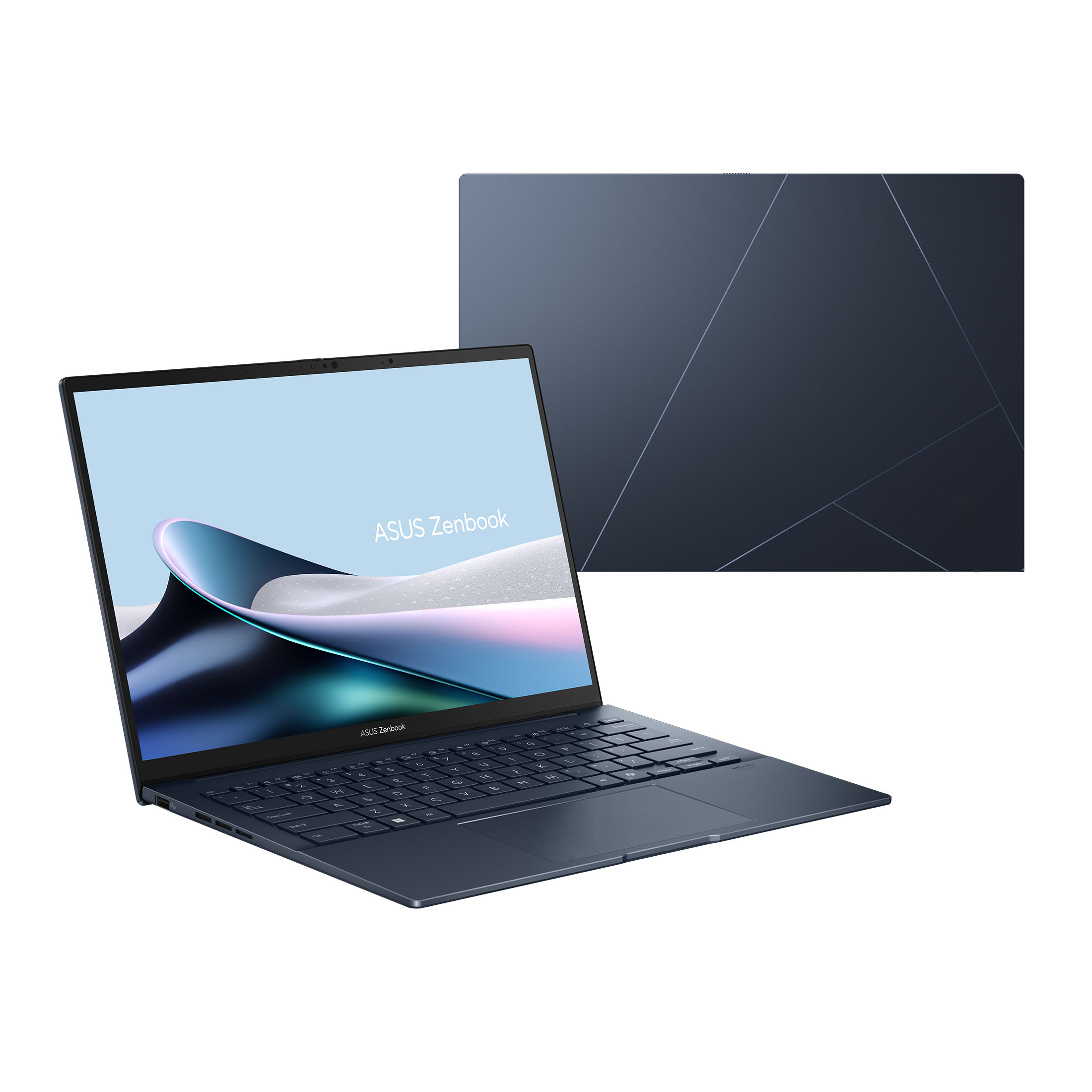 Ein offenes, dunkelblaues Asus Zenbook mit buntem Bildschirm und geschlossenem Deckel im Hintergrund.