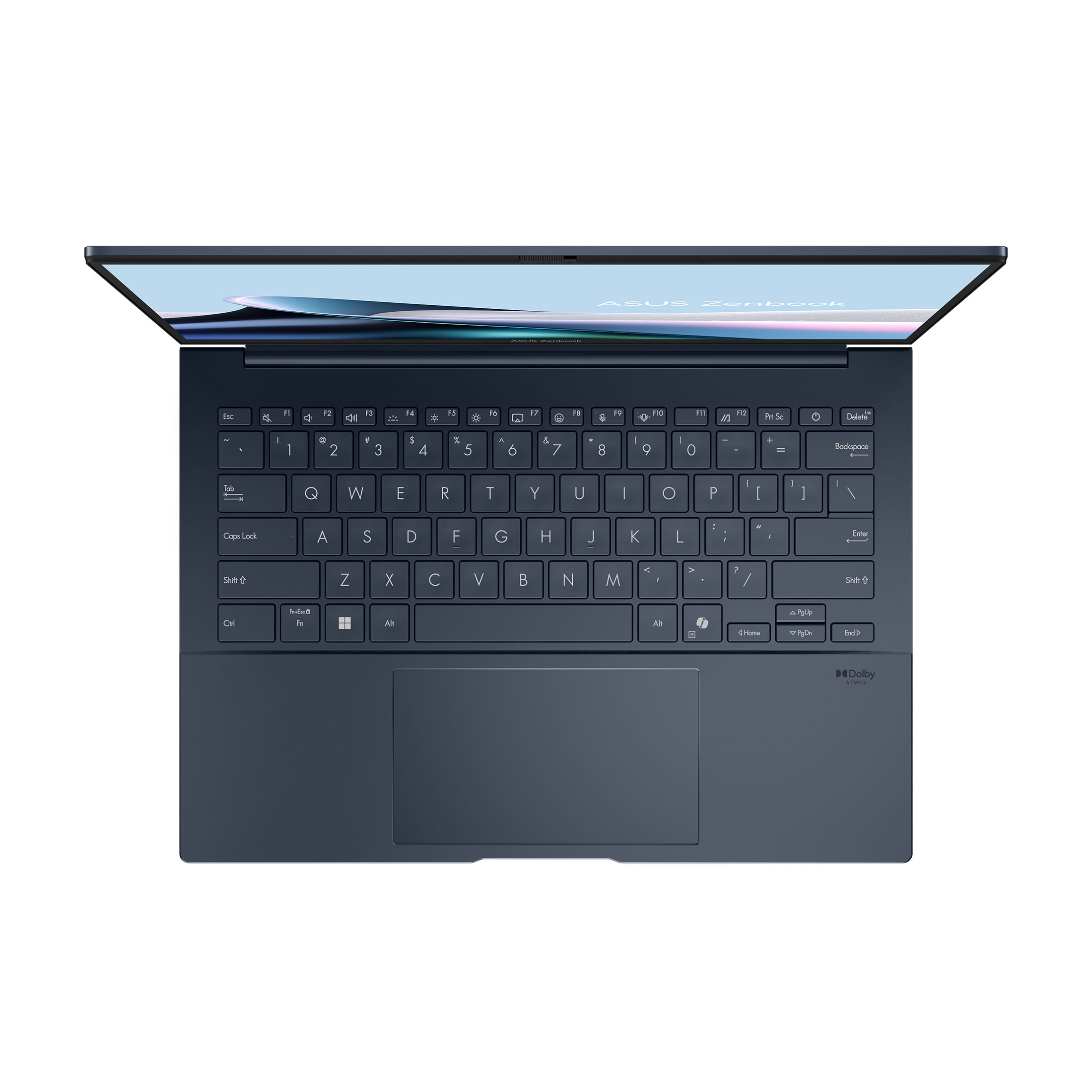 Draufsicht auf ein geöffnetes dunkelblaues Asus Zenbook Laptop mit Tastatur, Touchpad und Bildschirm.