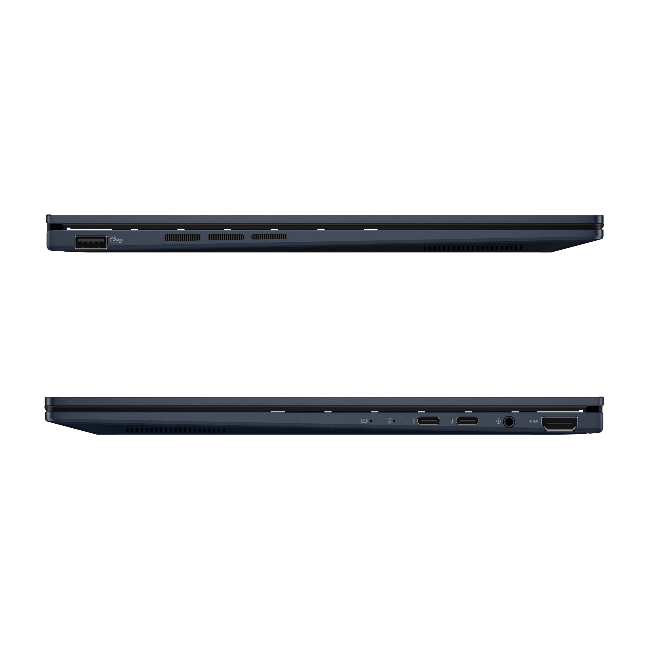 Seitenansichten eines blauen Laptops mit verschiedenen Anschlüssen, USB und HDMI.