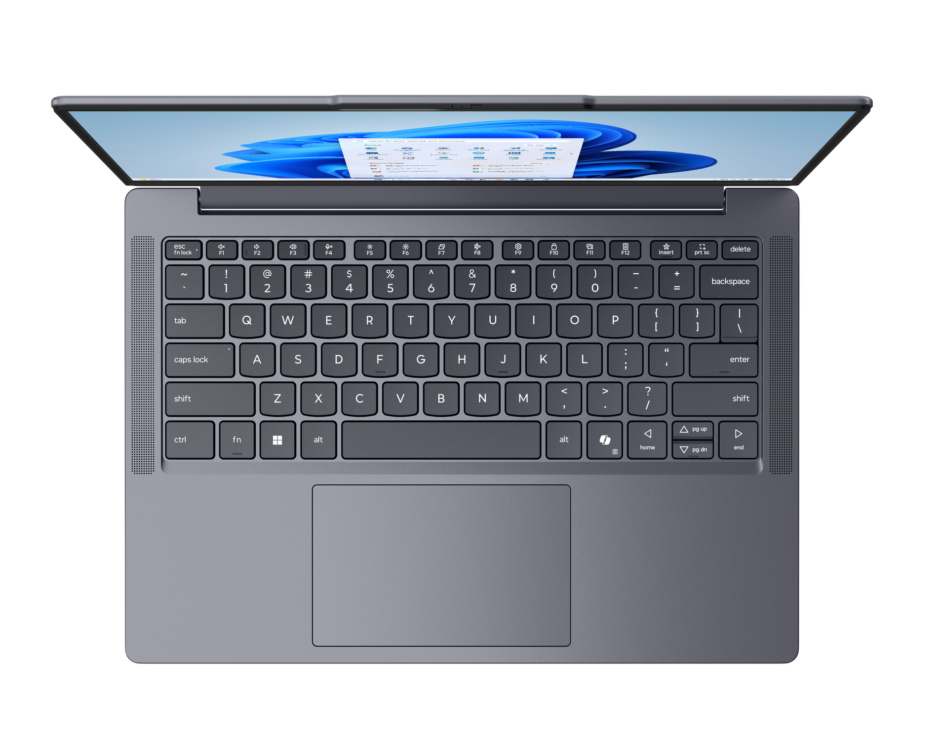 Draufsicht auf einen geöffneten grauen Laptop mit beleuchtetem Bildschirm und QWERTZ-Tastatur.