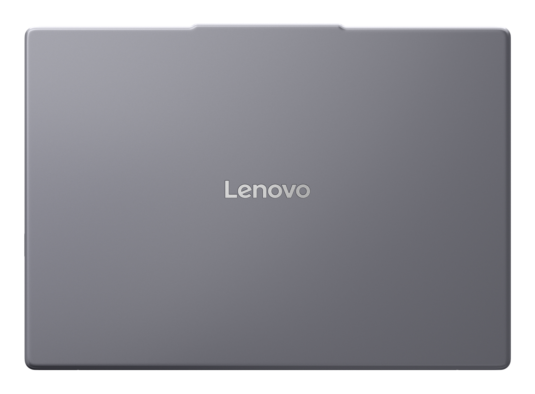 Grauer Lenovo-Laptopdeckel mit dem Lenovo-Logo in der Mitte auf weißem Hintergrund.
