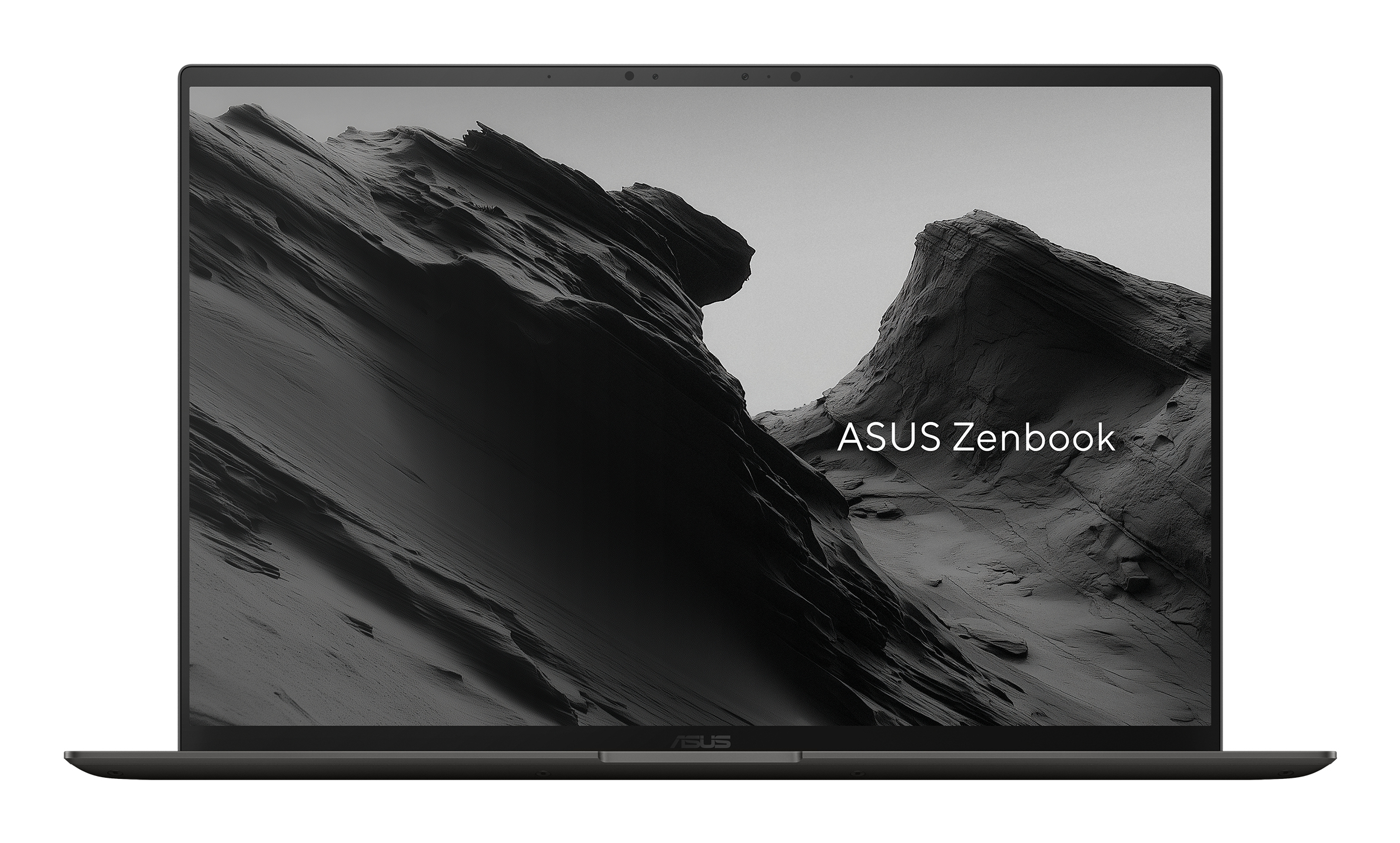 Un computer portatile ASUS Zenbook mostra un'immagine in bianco e nero di montagne rocciose.