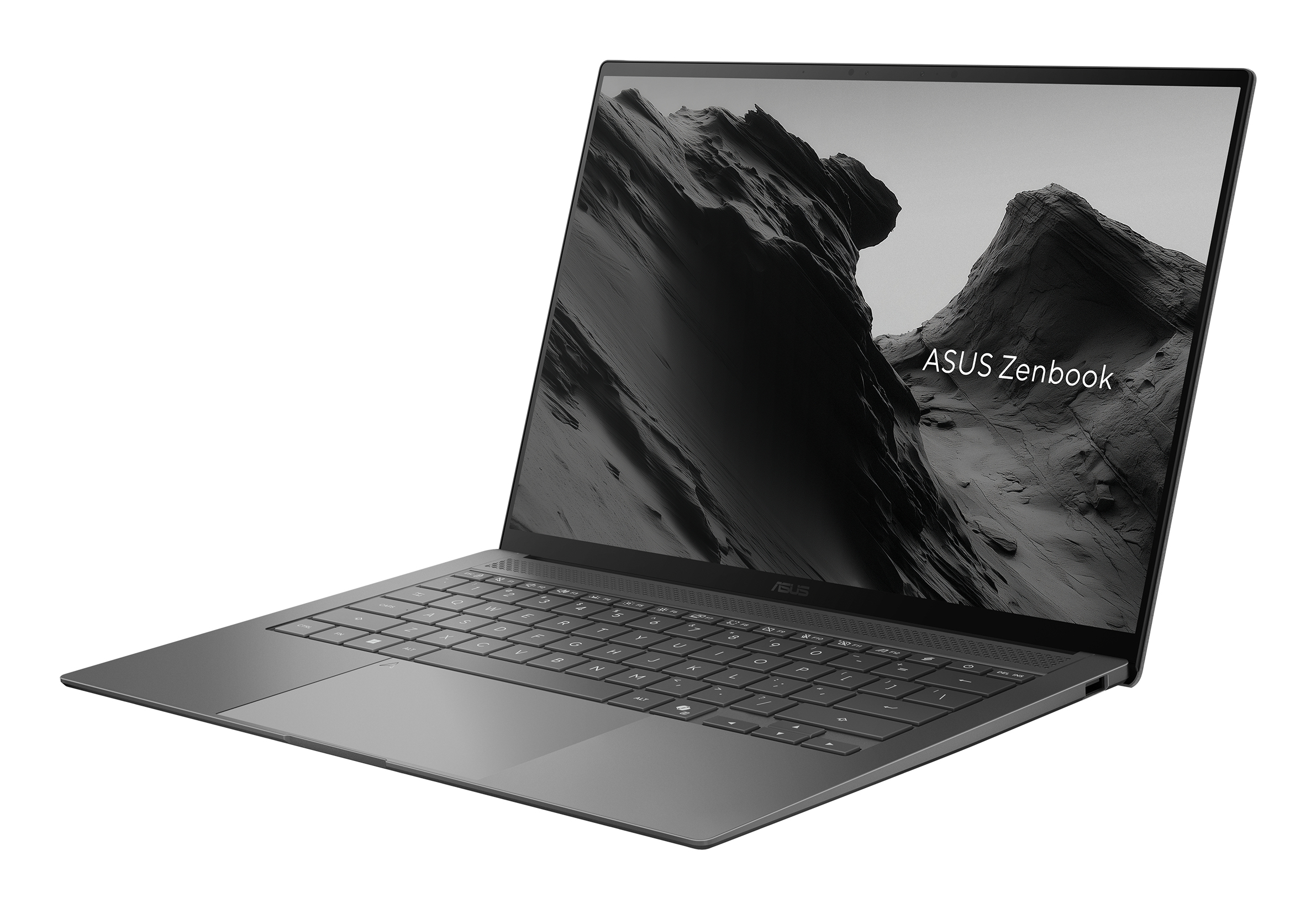 Un laptop grigio ASUS Zenbook aperto su sfondo bianco mostra la foto di una montagna sullo schermo.