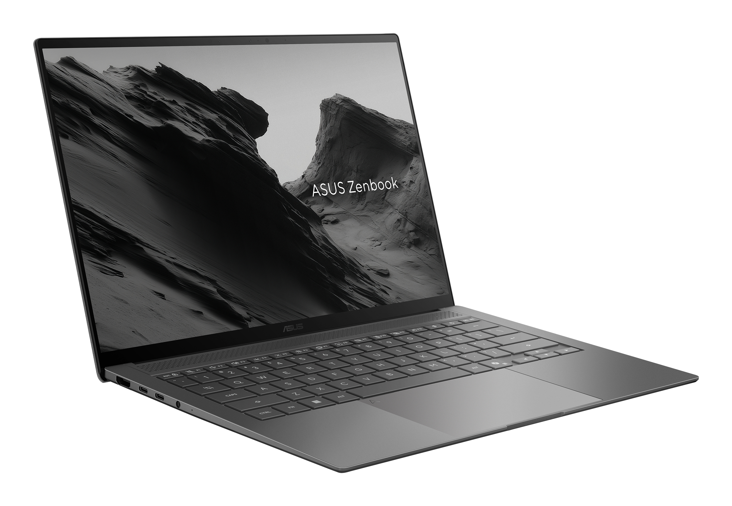 Un laptop ASUS Zenbook inclinato su sfondo bianco, con uno sfondo di montagna in bianco e nero.