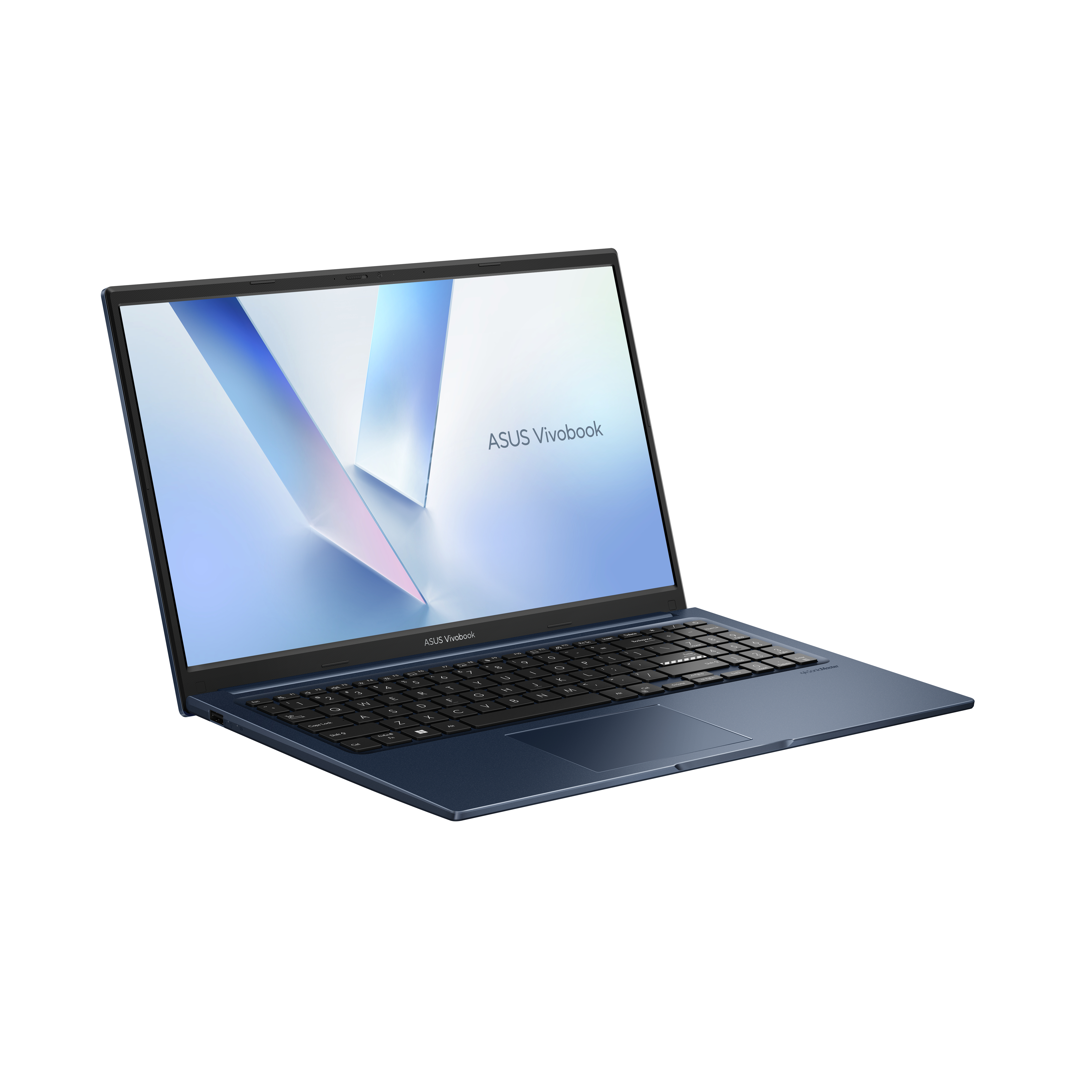 Ein blauer ASUS Vivobook Laptop ist vor weißem Hintergrund geöffnet und zeigt Tastatur und Bildschirm.
