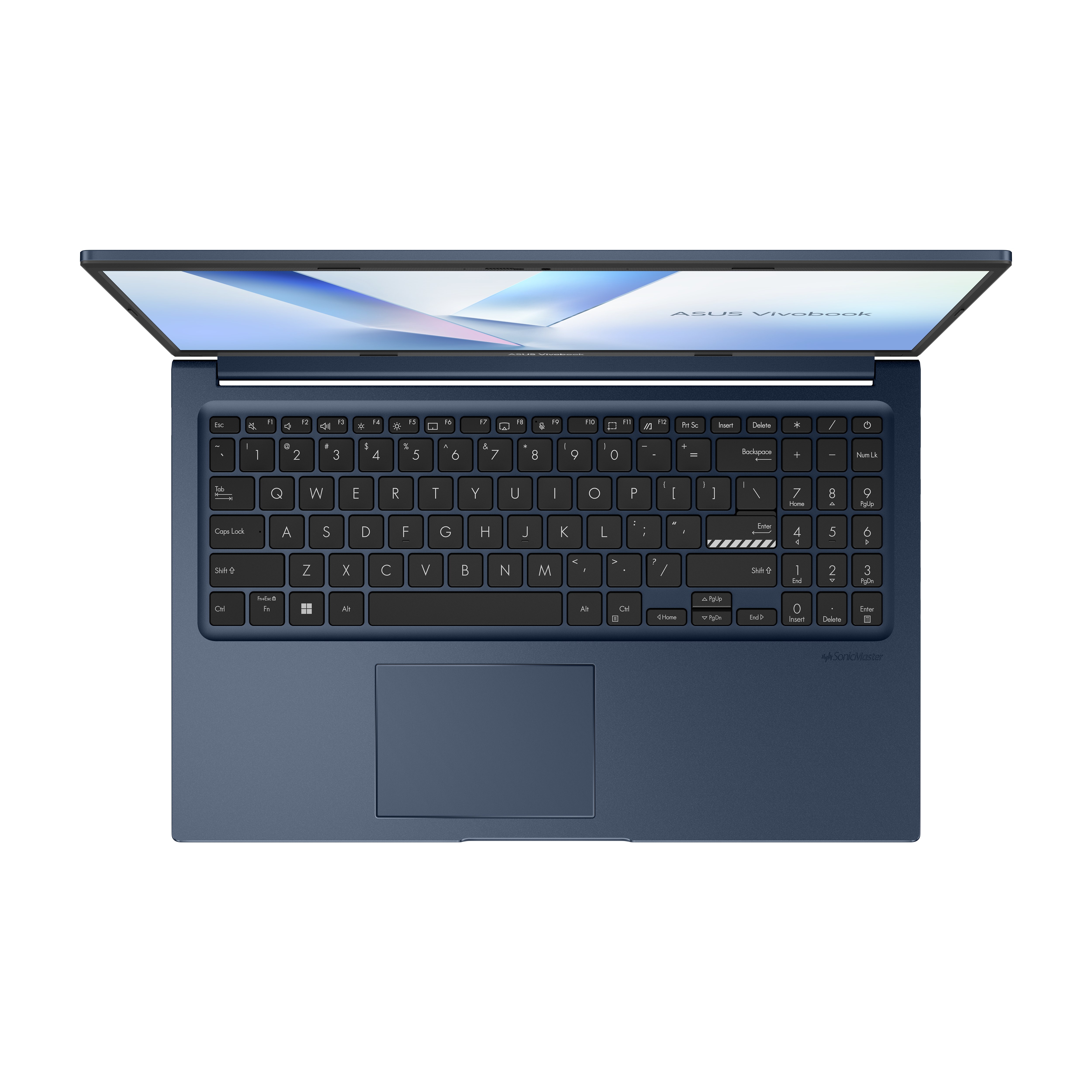 Draufsicht auf einen blauen ASUS Vivobook Laptop mit beleuchteter Tastatur.