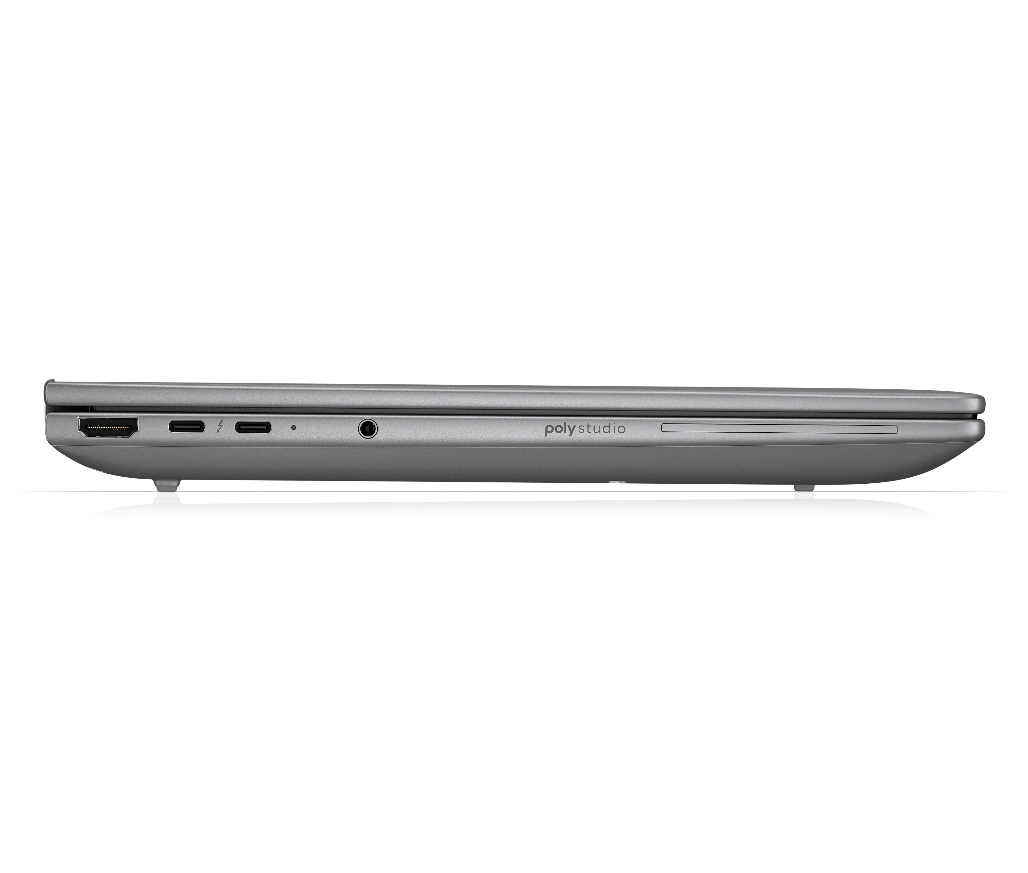 Side view of a gray laptop showing ports and Poly Studio branding on a white background.
