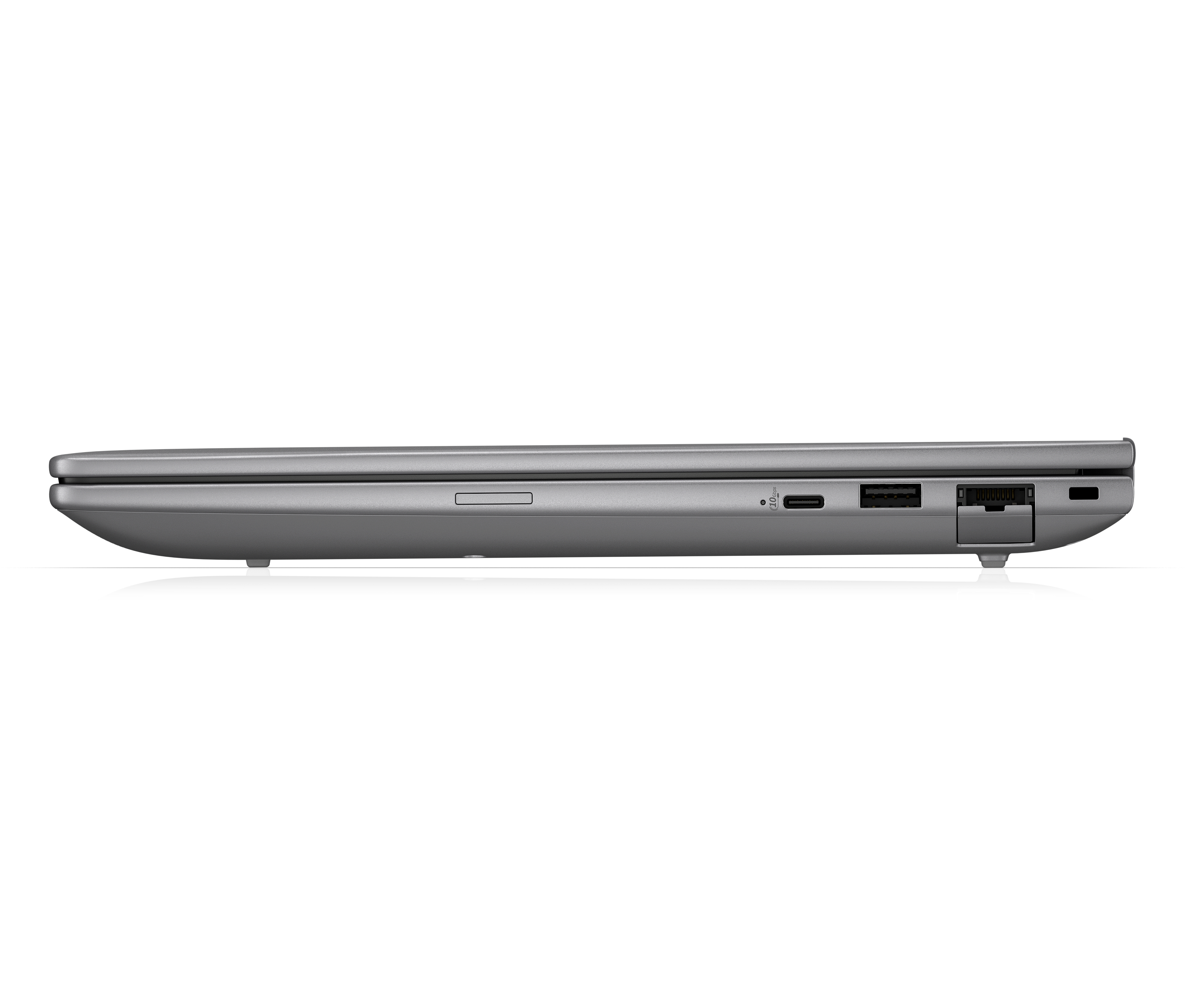 Side view of a closed gray laptop showing ports.
