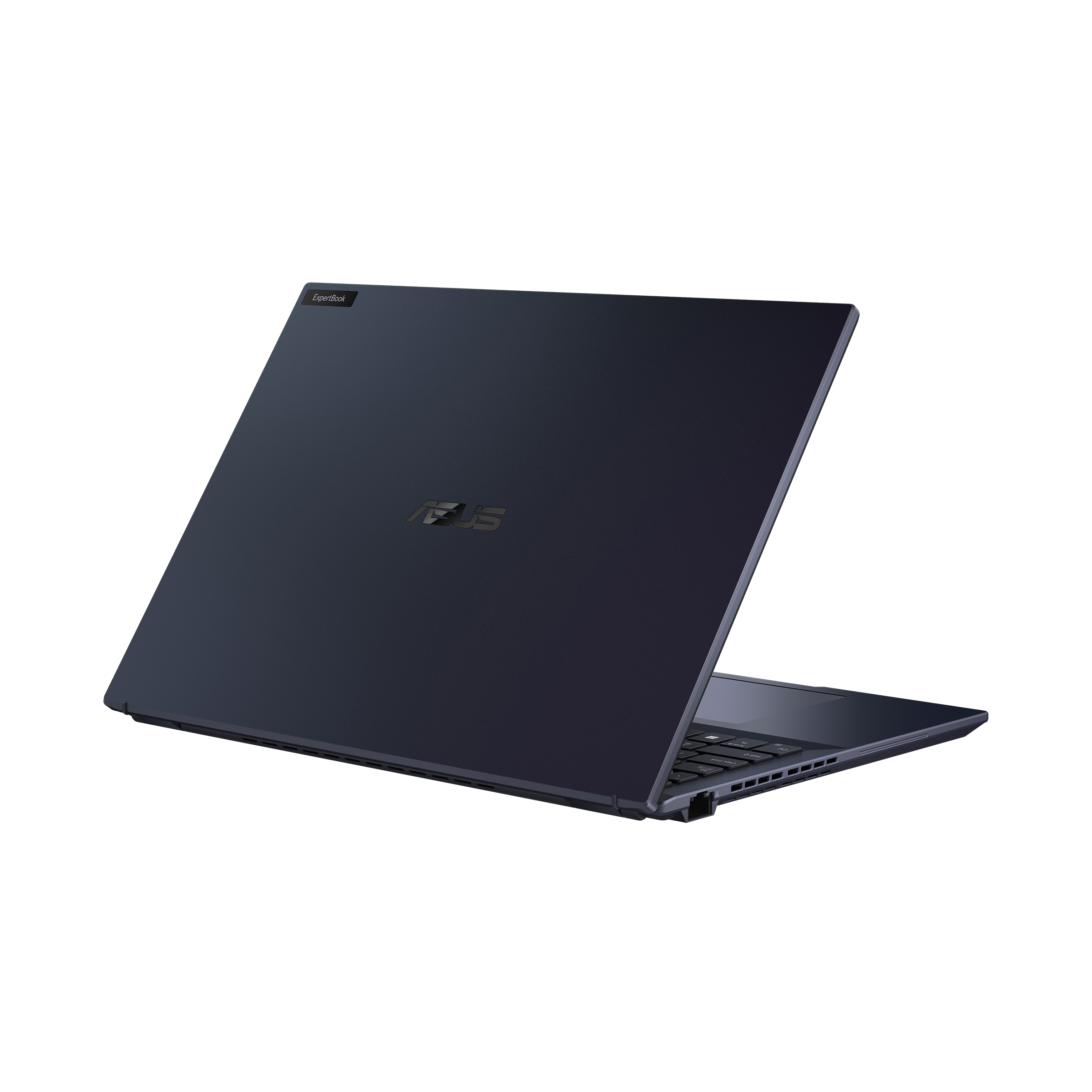 Ein geschlossener blauer Asus ExpertBook Laptop auf weißem Hintergrund.