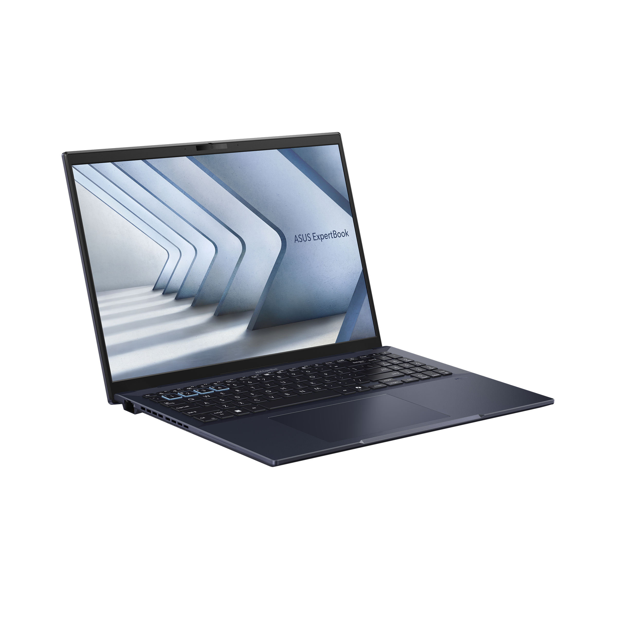 Ein blauer ASUS ExpertBook Laptop steht offen auf einer weißen Oberfläche mit abstraktem Bildschirmhintergrund.