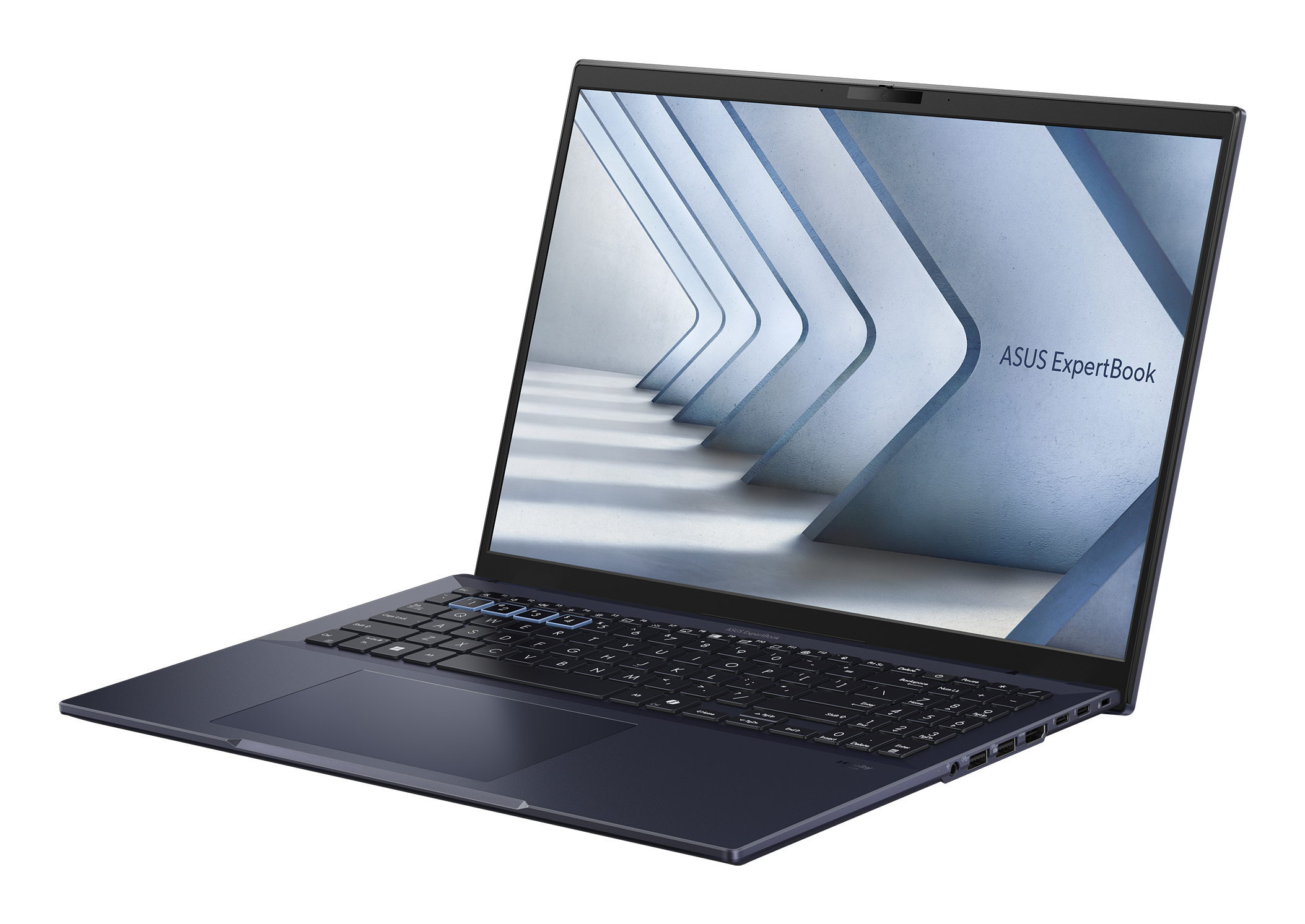 Ein dunkles Asus ExpertBook Laptop steht auf einer weißen Oberfläche mit blauem Hintergrundbild auf dem Bildschirm.