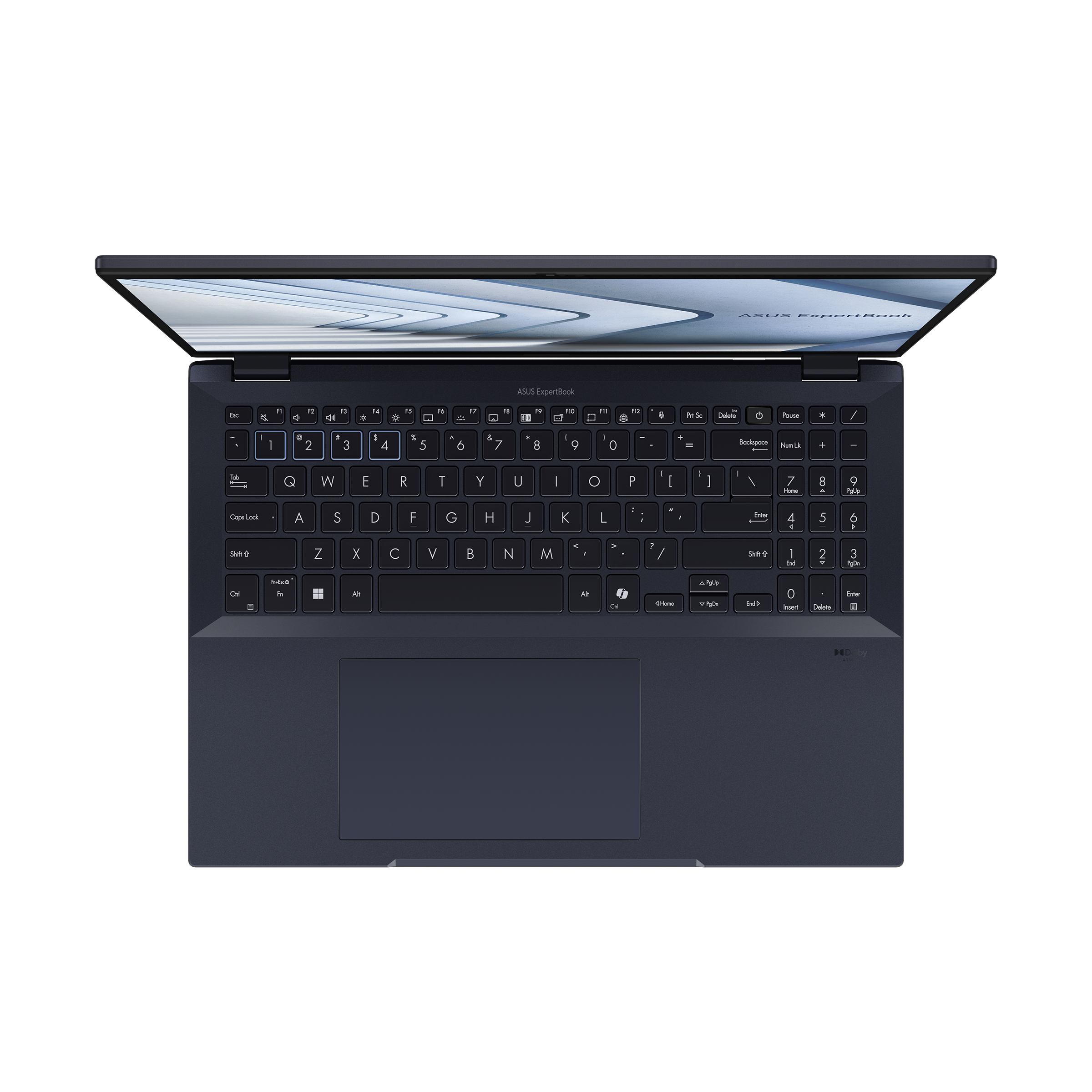 Draufsicht auf einen blauen ASUS ExpertBook Laptop mit offenem Bildschirm und Nummernblock.