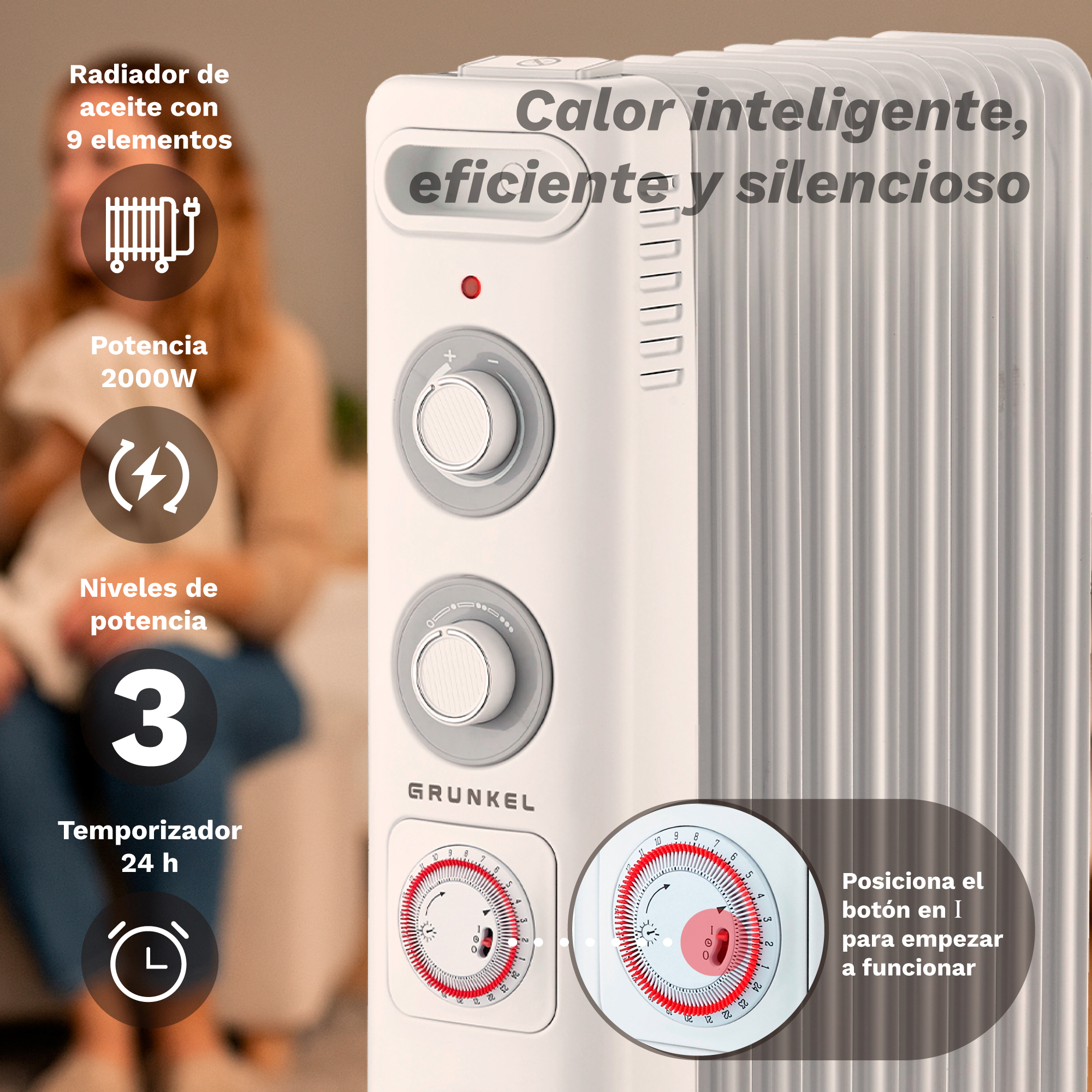 Un radiador de aceite blanco con controles, temporizador y texto en primer plano.