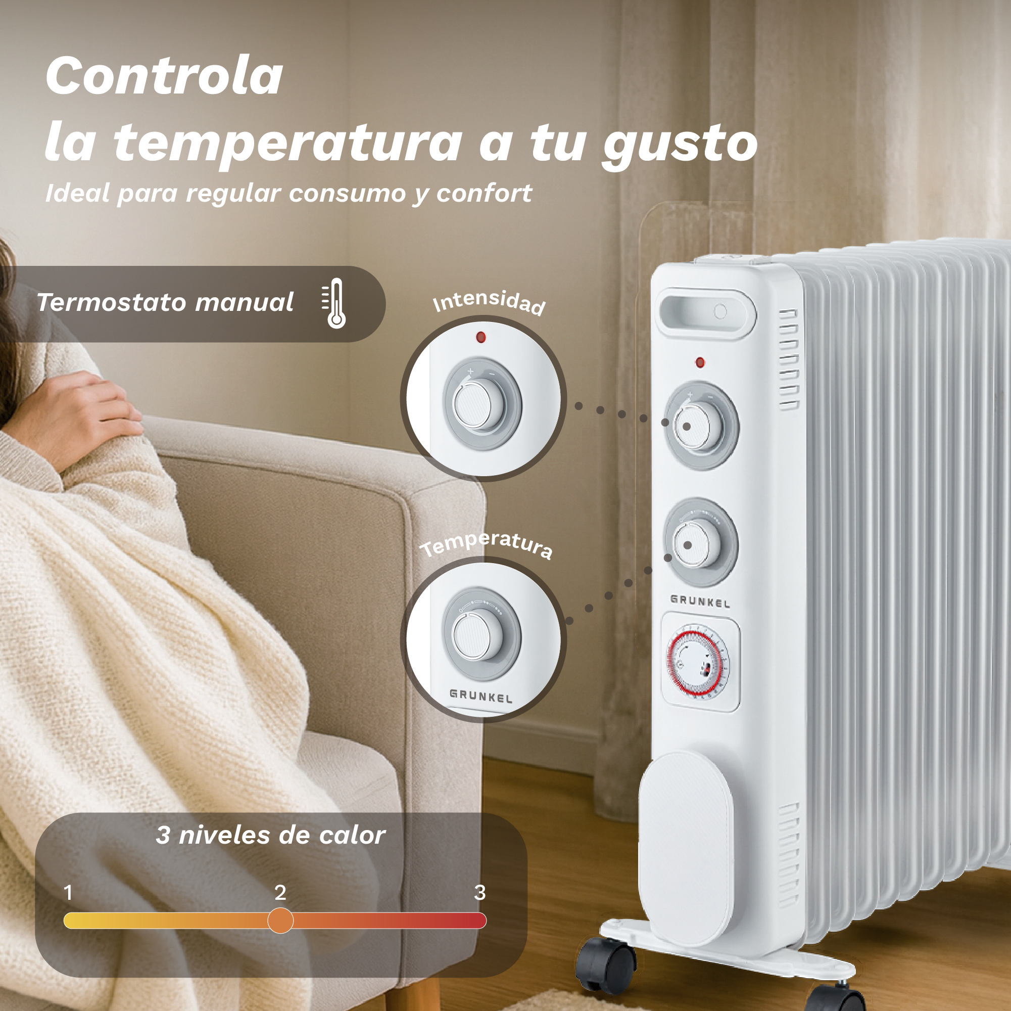 Un radiador de aceite blanco al lado de una persona envuelta en una manta, mostrando controles.
