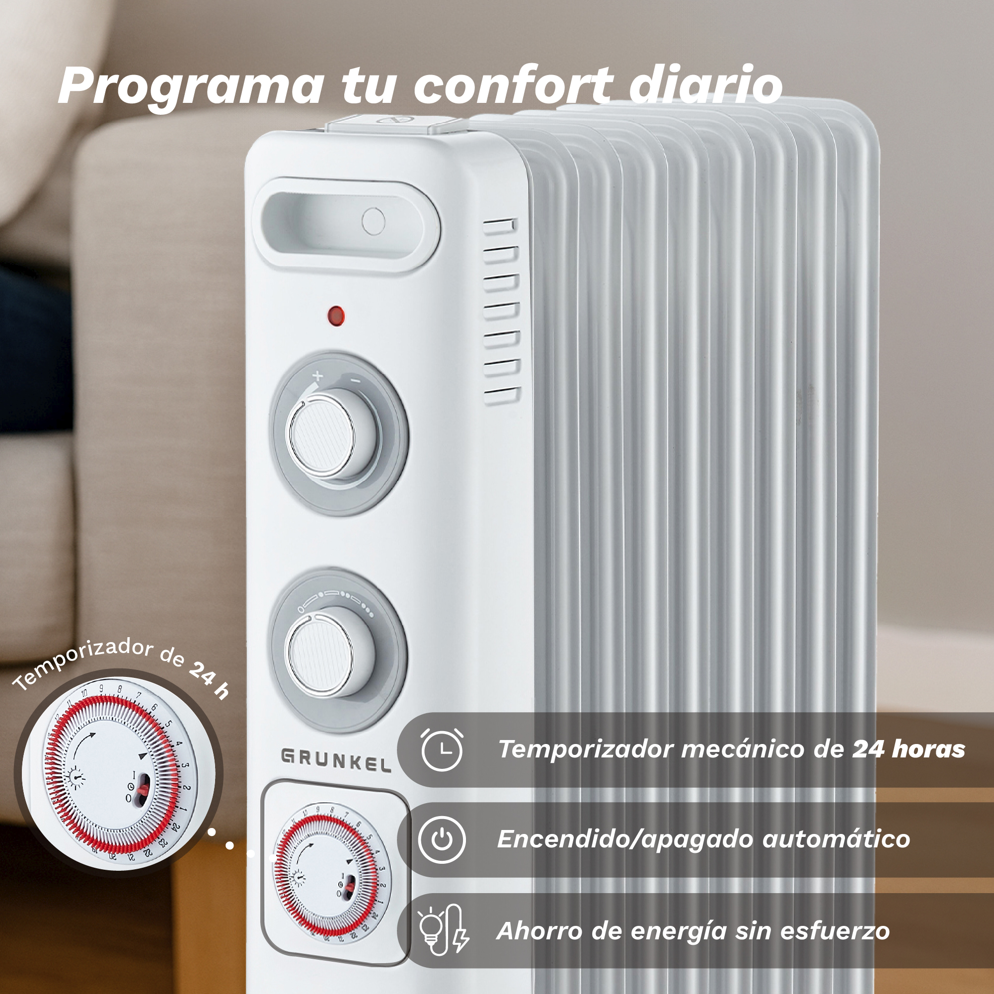 Radiador de aceite blanco Grunkel con diales y temporizador mecánico de 24 horas.
