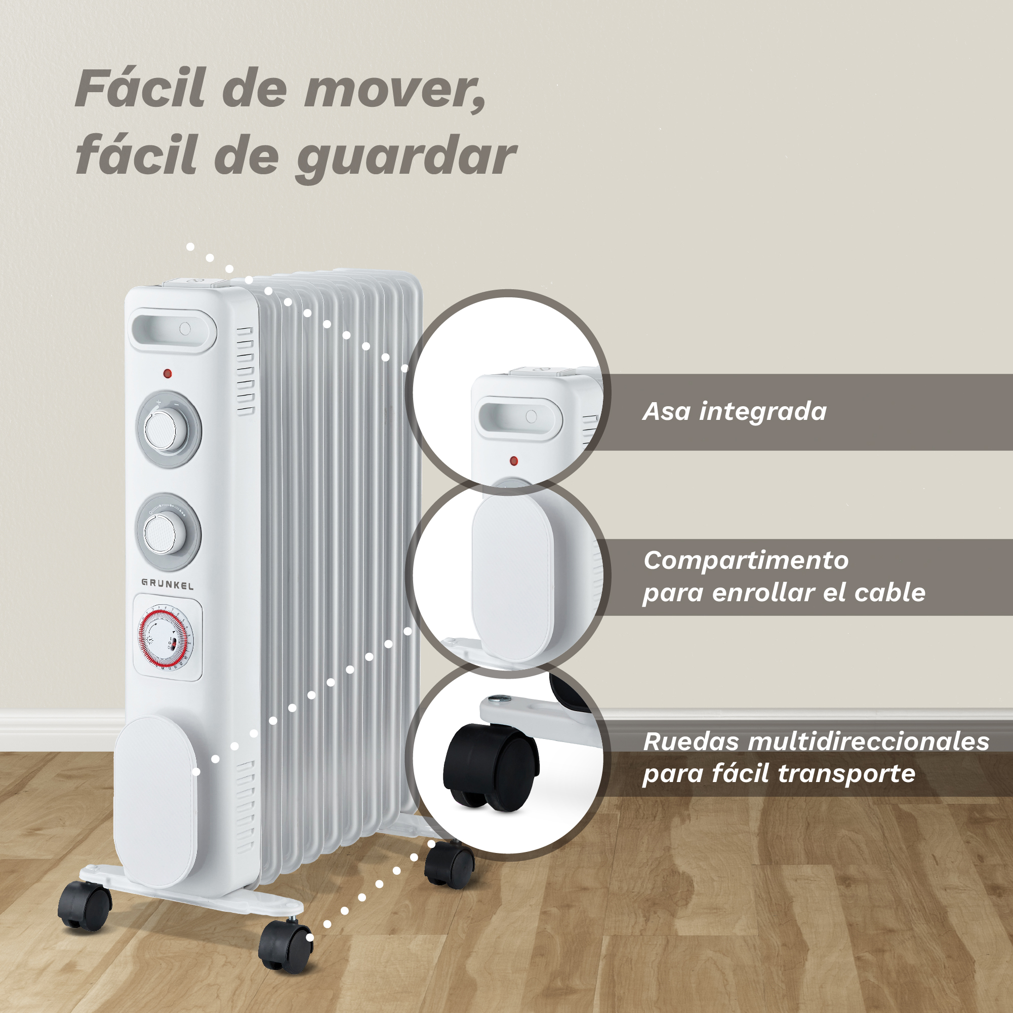 Radiador de aceite blanco con ruedas, recogecables y asa sobre suelo de madera con texto en español.