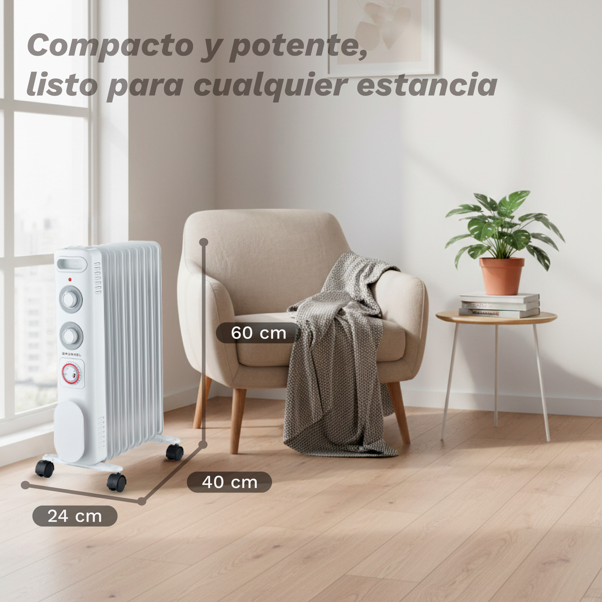 Un radiador de aceite blanco en una sala con sillon y textos de medidas.