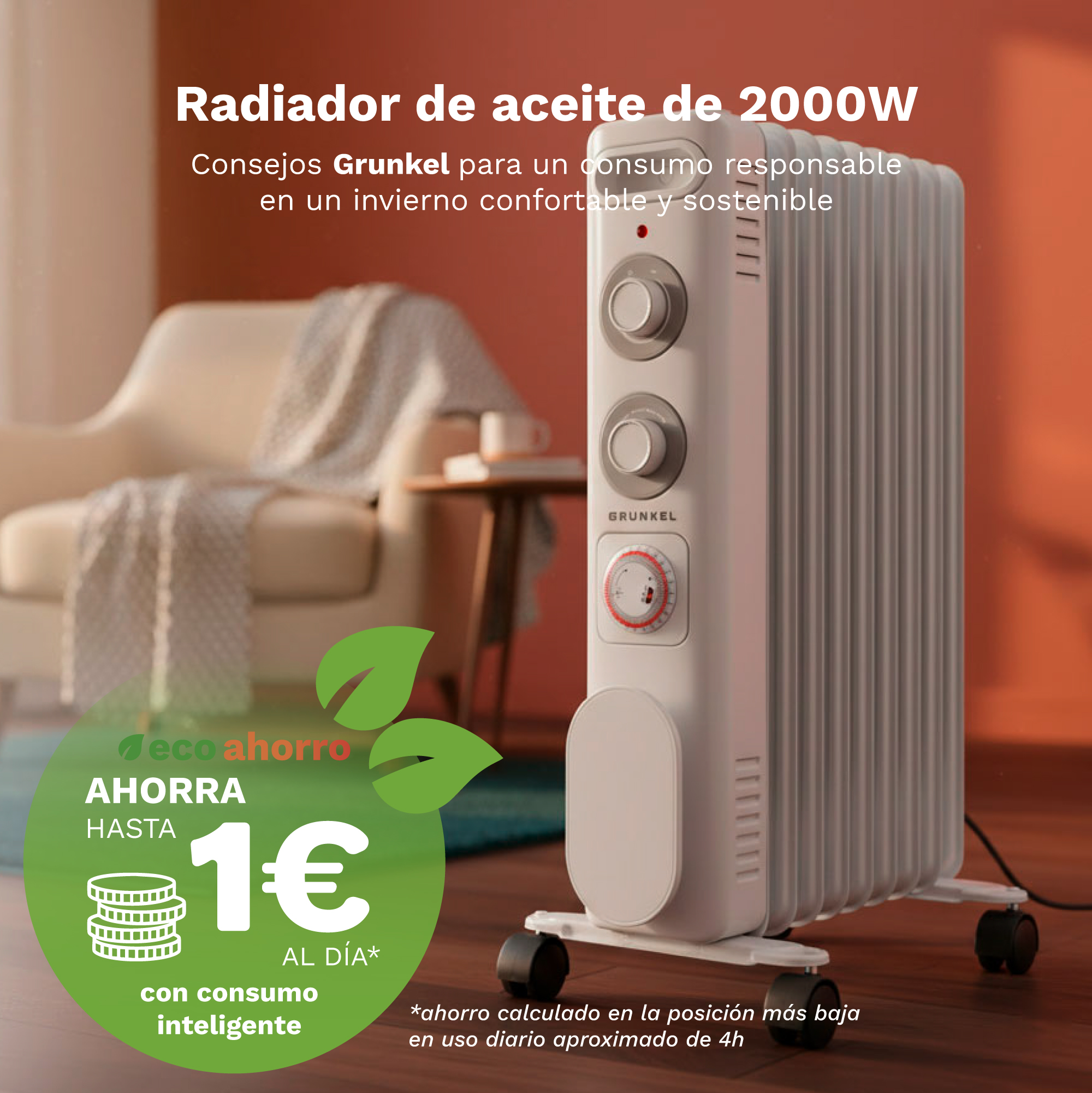 Un radiador de aceite blanco de 2000W en una sala de estar con texto.