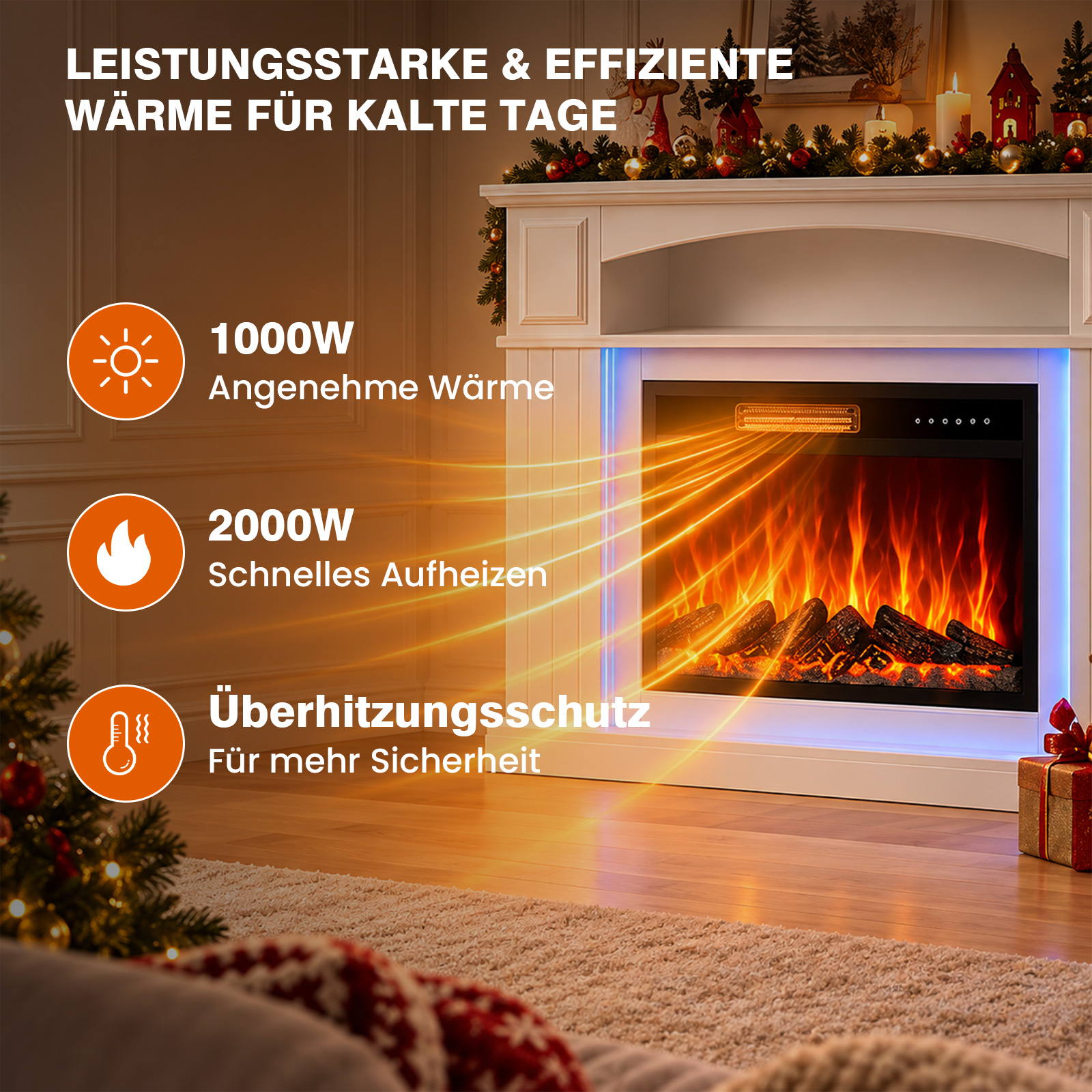 Moderner elektrischer Kamin in weißem Mantel mit Flammeneffekt und Infotexten zu Leistung und Schutz.