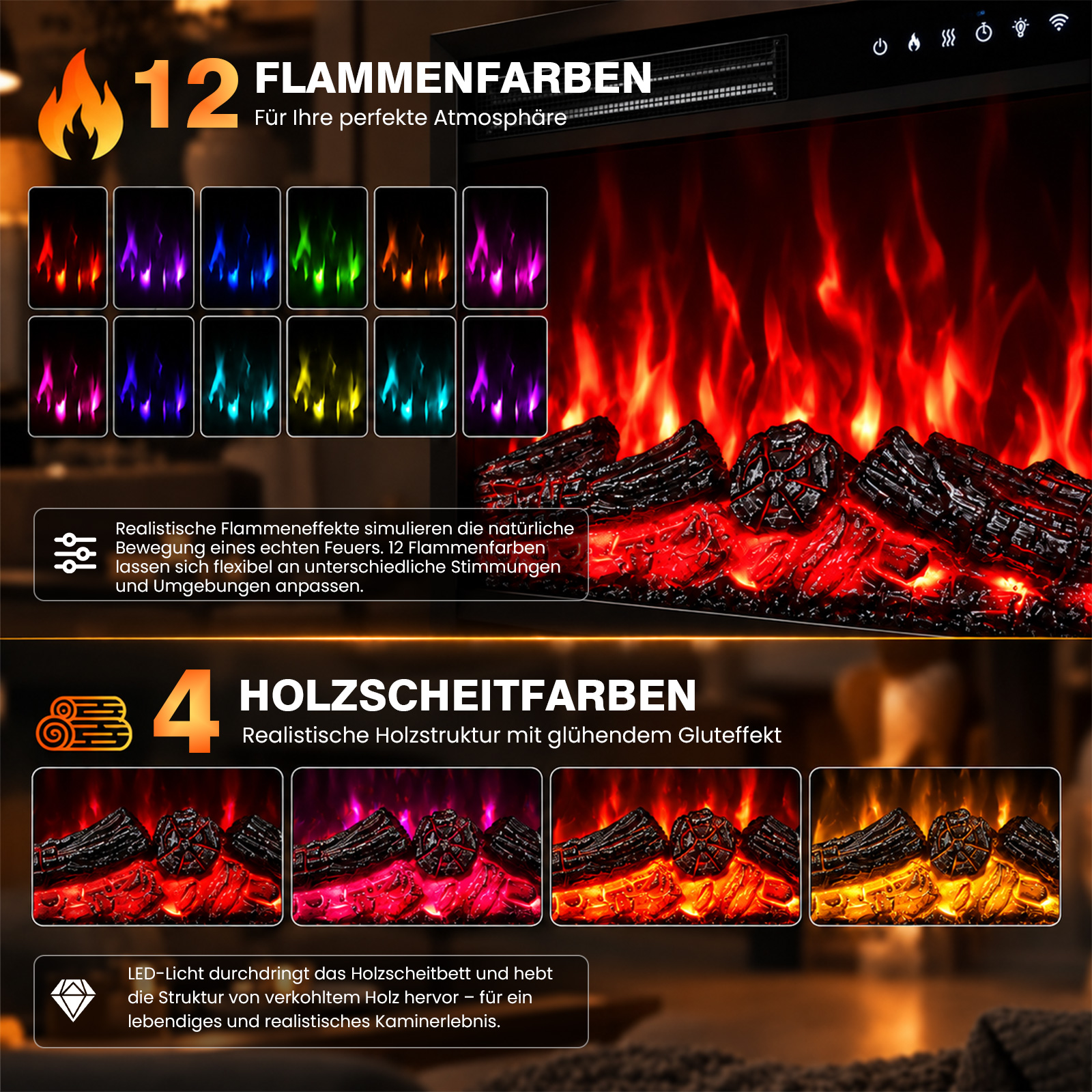 Elektrischer Kamin mit 12 Flammenfarben und 4 Holzscheitfarben für realistische Effekte.