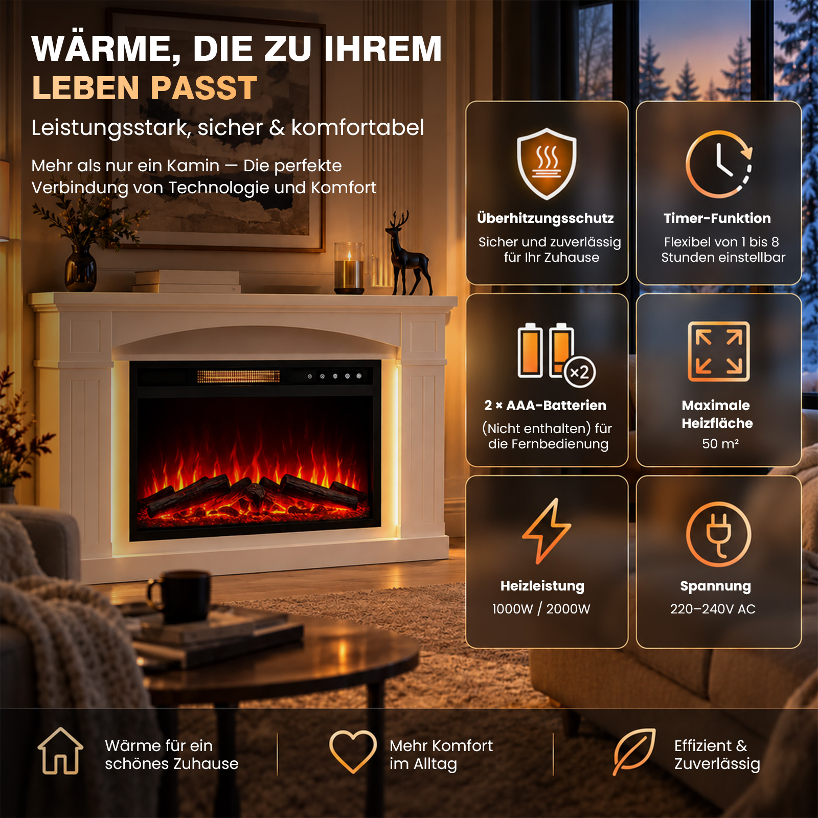 Ein Elektrokamin mit Flammen und Symbolen wie Überhitzungsschutz und Timer.