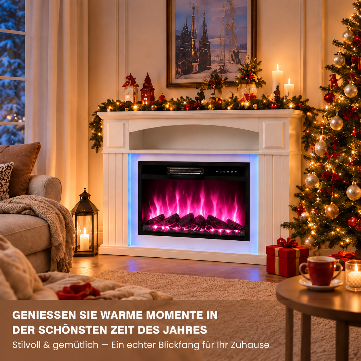 Ein gemütliches Wohnzimmer mit weißem Kamin, beleuchtetem Weihnachtsbaum und Kerzen.