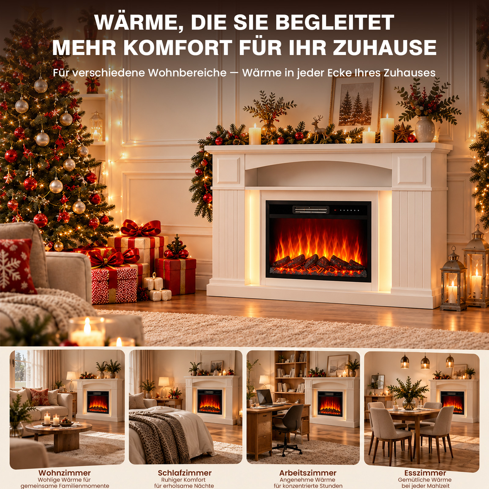 Gemütliches Weihnachtszimmer mit weißem Elektrokamin, Weihnachtsbaum, Geschenken und vier Anwendungsbeispielen.