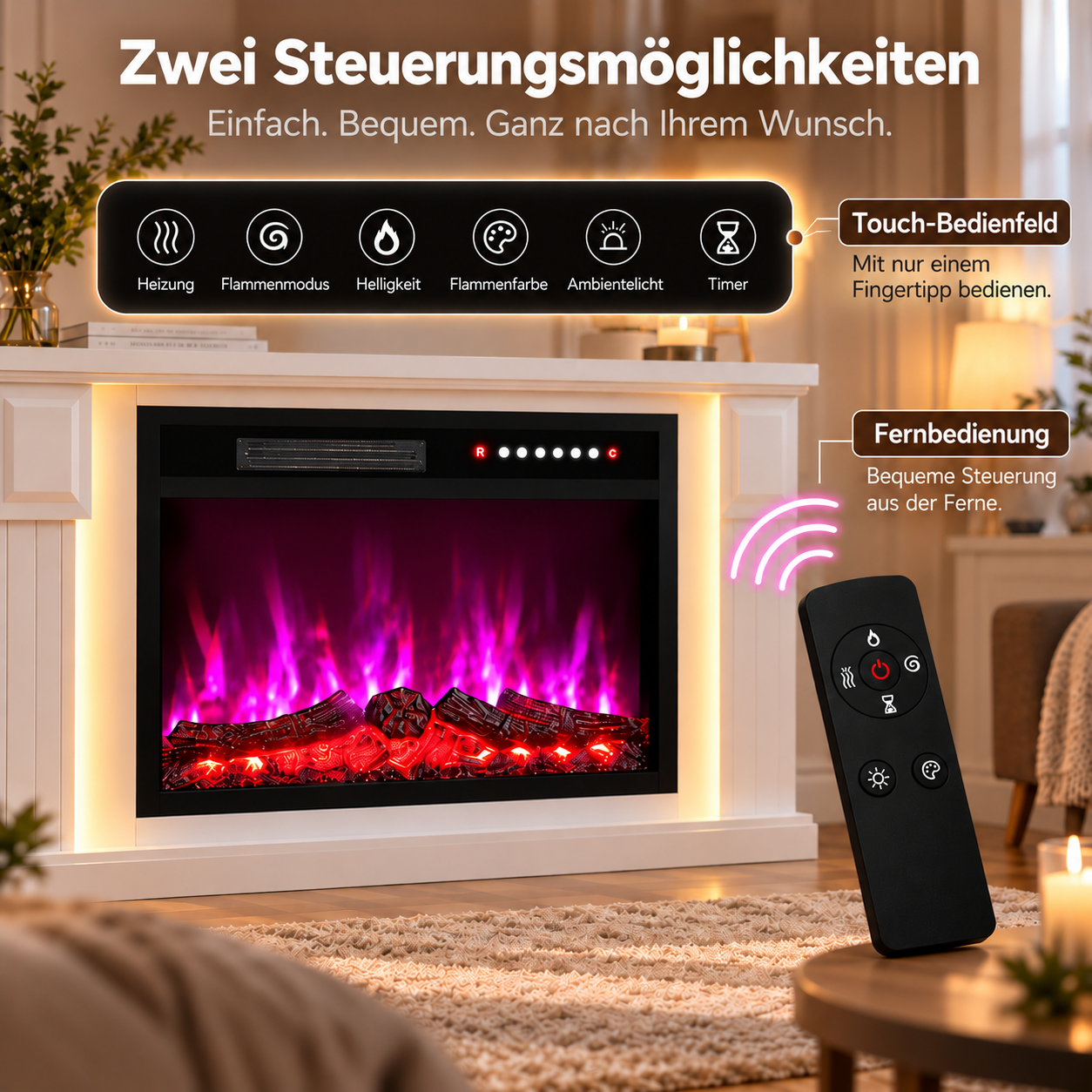 Elektrischer Kamin mit Touch-Bedienfeld und Fernbedienung, zeigt violette Flammen und glühende Holzscheite.