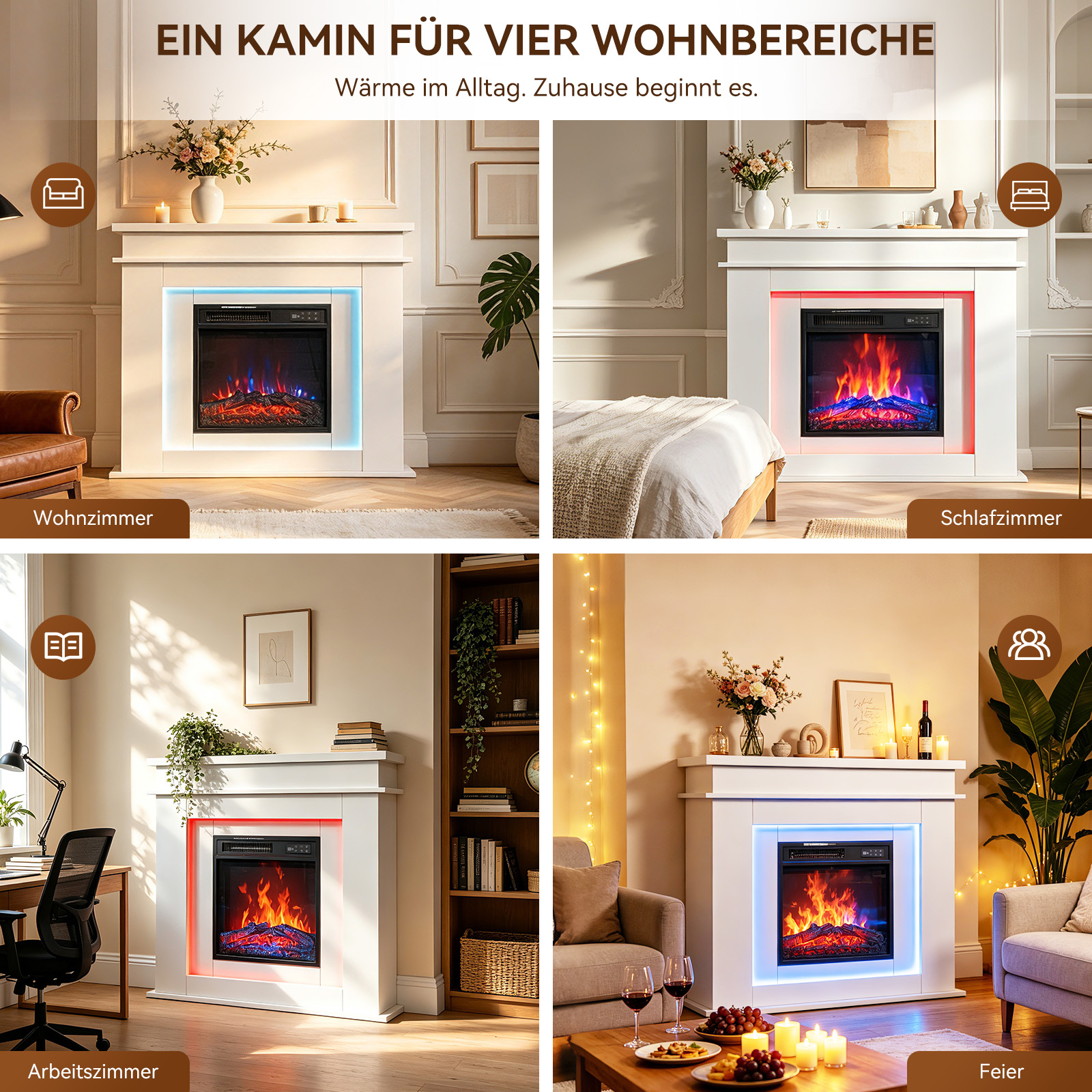Ein weißer elektrischer Kamin mit farbiger LED-Beleuchtung in vier verschiedenen Räumen.